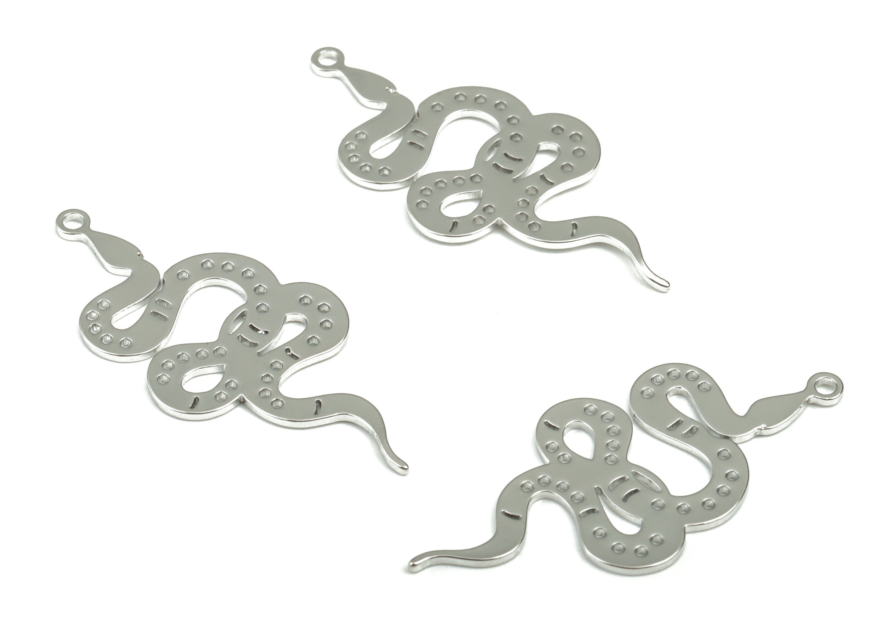 Brass Snake Earring Charms - 18K Real White Gold Plated Brass Snake Pendant - Jewelry Making Supplies - 32.58x14.29x0.73mm - RGP2964S - DOMEDBAZAAR