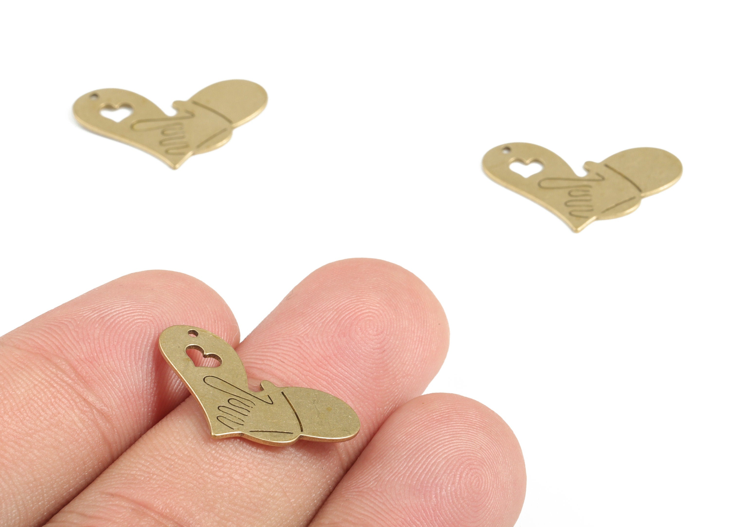 Brass Heart Hand Earring Charms - Raw Brass Heart Pendant - Earring Findings - Jewelry Making Supplies - 22.01x13.41x0.55mm - PP4026 - DOMEDBAZAAR