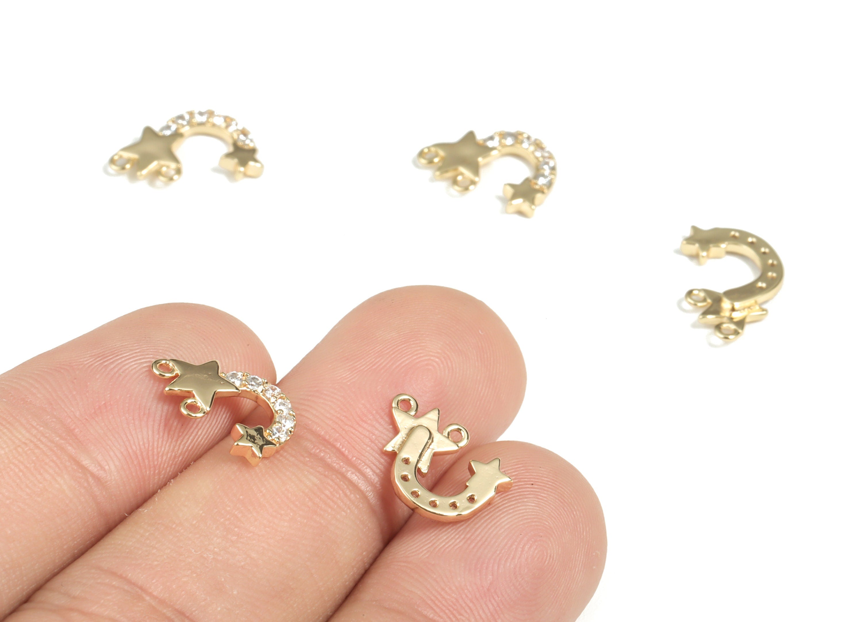 Brass Star Crescent Earring Connector With Zircons - 18K Real Gold Plated Brass Star Charms - Jewelry Supplies – 13.34x6.05x2.03mm - RGP2930 - DOMEDBAZAAR