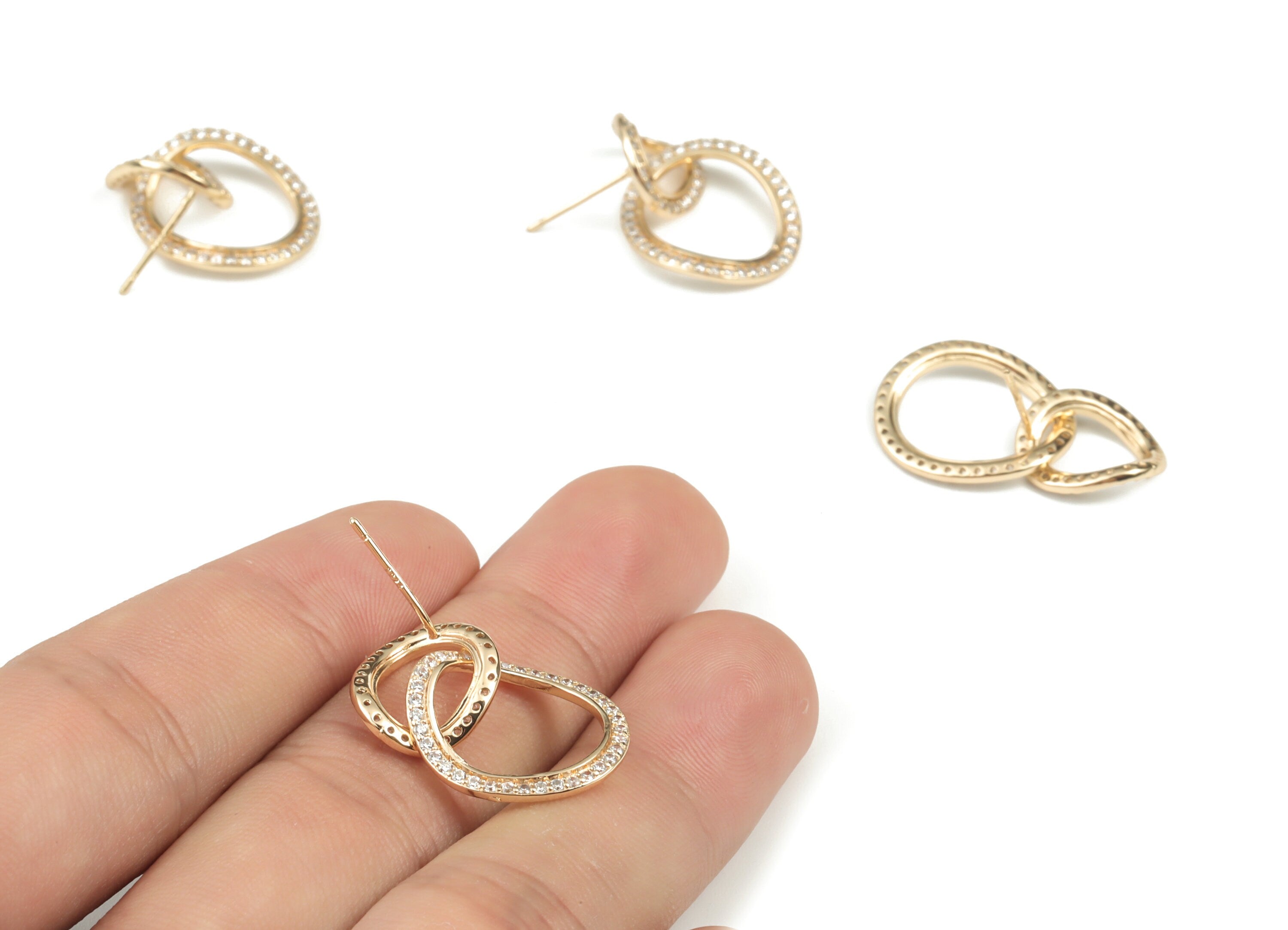 Brass Double Oval Earring Stud With Zircons - 18K Real Gold Plated - Brass Double Oval Post – 925 Silver Stud - 26.33x15.66x1.32mm - RGP3002 - DOMEDBAZAAR