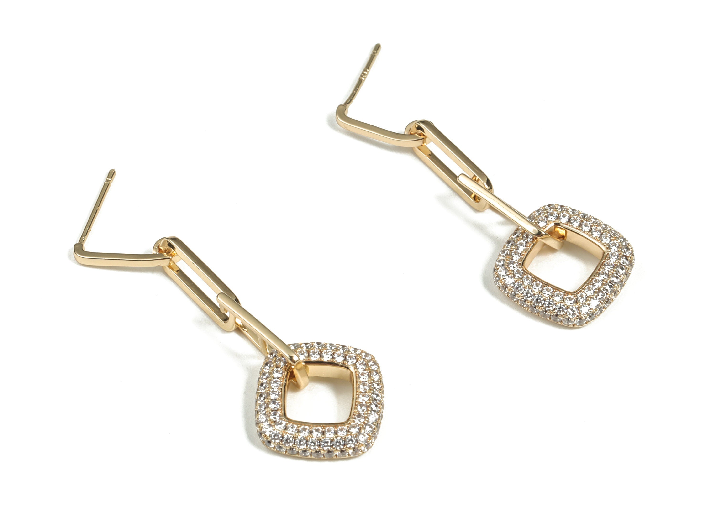 Brass Square Earring Stud With Zircons - 18K Real Gold Plated Brass Rectangle Post – 925 Silver Stud - 45.42x15.97x3.25mm - RGP2998 - DOMEDBAZAAR