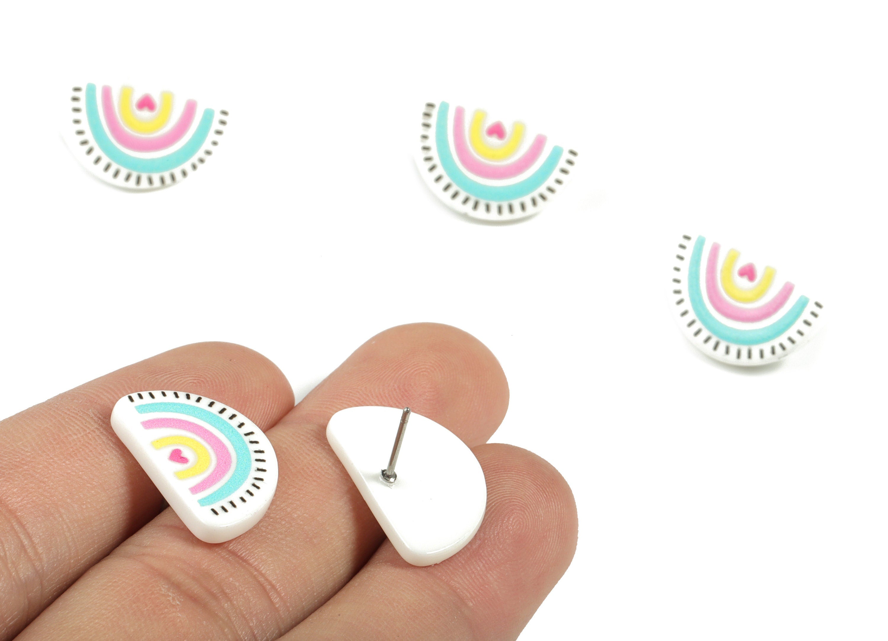 Acrylic Rainbow Earring Post - Acrylic Rainbow Heart Earring Stud - 316 Stainless Steel - Jewelry Supplies - 19.79x12.66x2.51mm - AC2199A - DOMEDBAZAAR