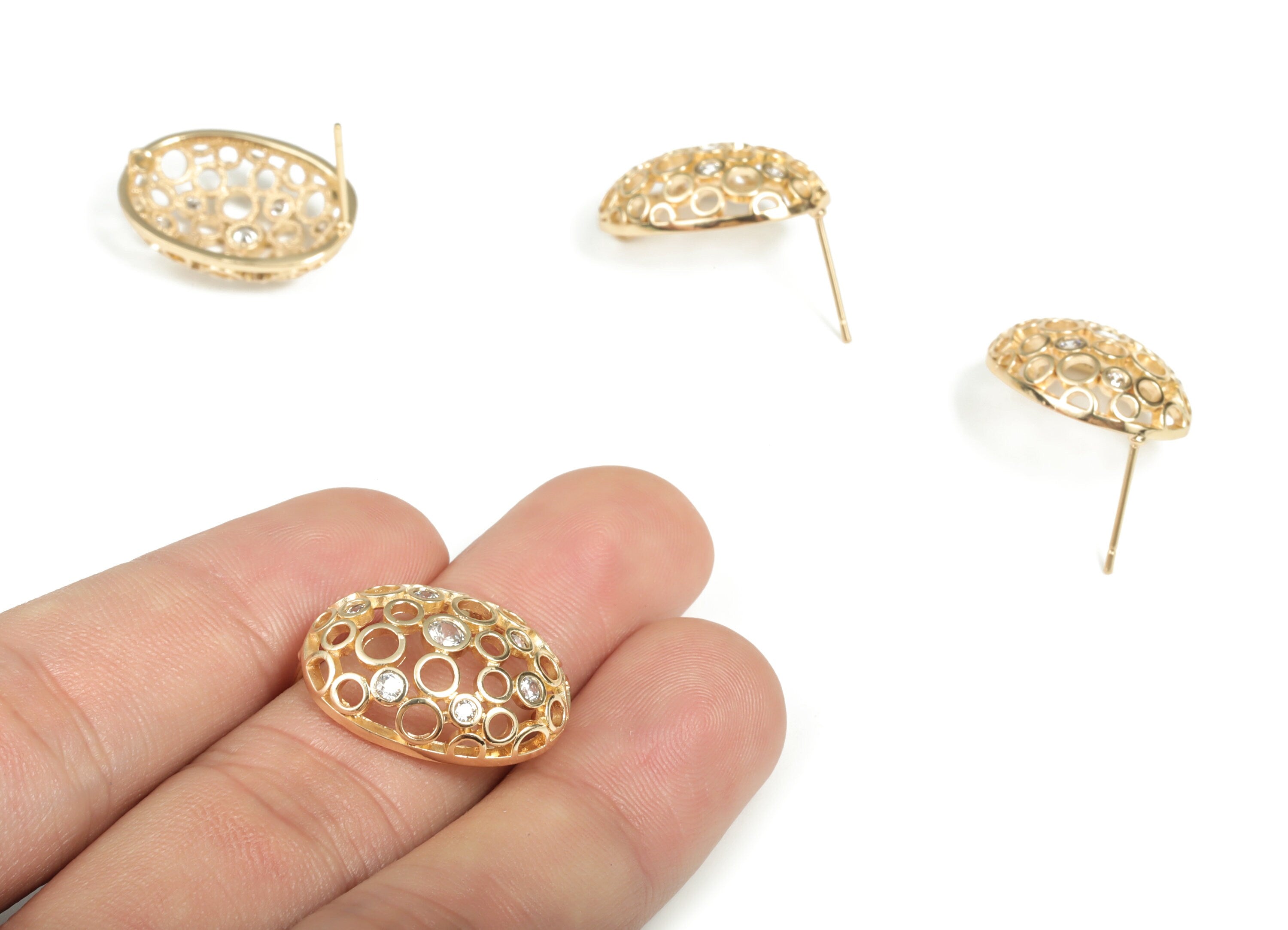Brass Oval Earring Post With Zircons - Gold Oval Stud - 18K Real Gold Plated Brass - 316 Surgical Stainless Steel - 22x16x6mm - RGP2953 - DOMEDBAZAAR