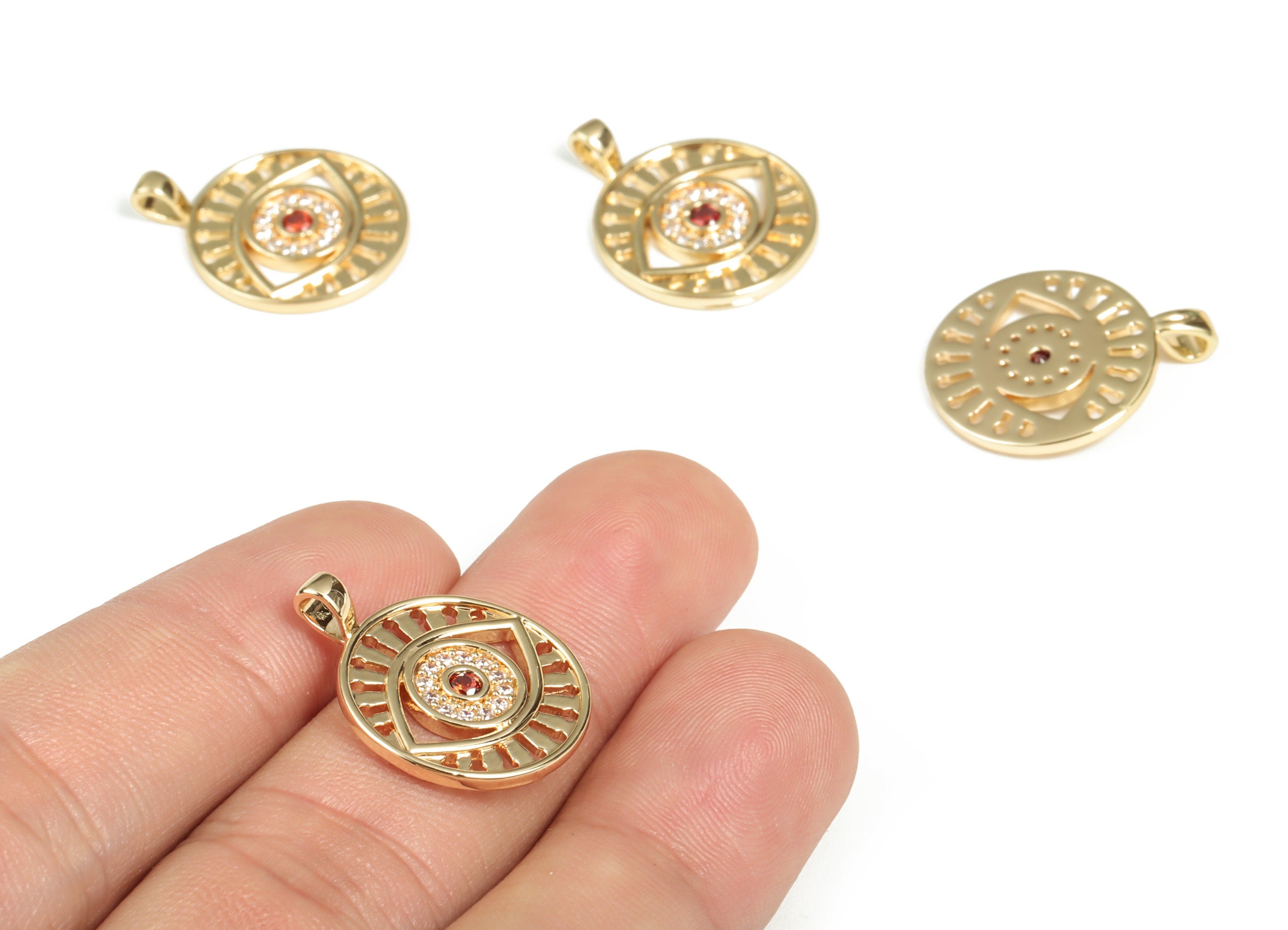 Brass Round Eye Earring Charms With Zircon - Gold Circle Eye Pendant - 18K Real Gold Plated Brass - 21.91x17.26x1.67mm - RGP3014 - DOMEDBAZAAR