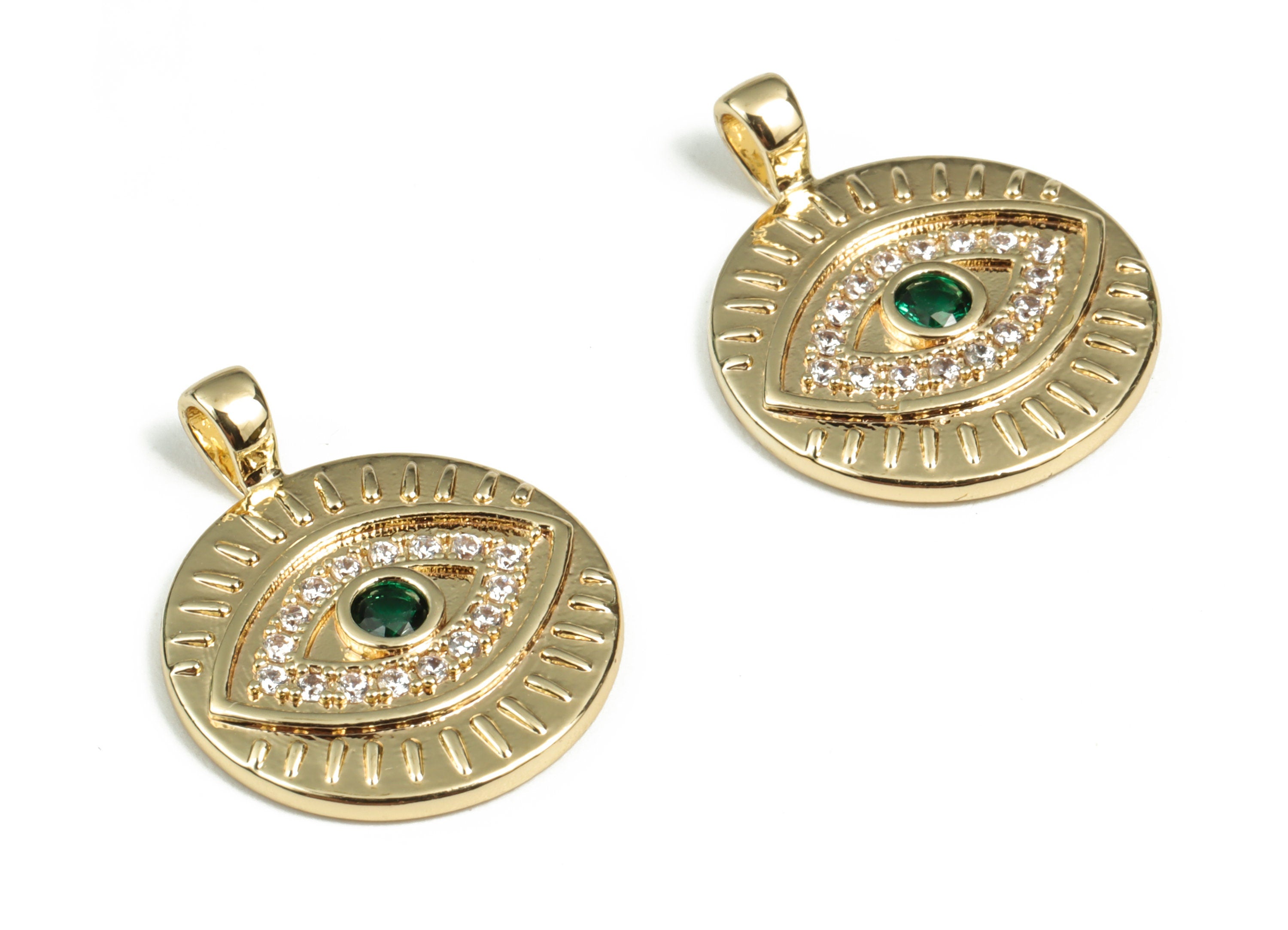 Brass Round Eye Earring Charms With Zircon - Gold Circle Eye Pendant - 18K Real Gold Plated Brass - 21.67x17.4x2.36mm - RGP3017 - DOMEDBAZAAR
