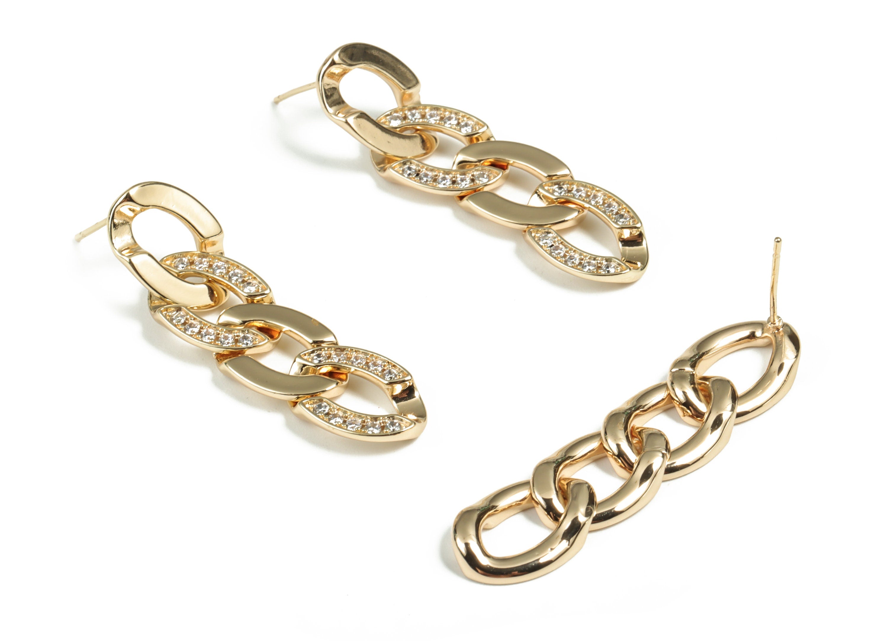 Brass Double Oval Earring Stud With Zircons - 18K Real Gold Plated Brass Double Oval Post – 925 Silver Stud - 44.26x11.3x2.23mm - RGP2945 - DOMEDBAZAAR