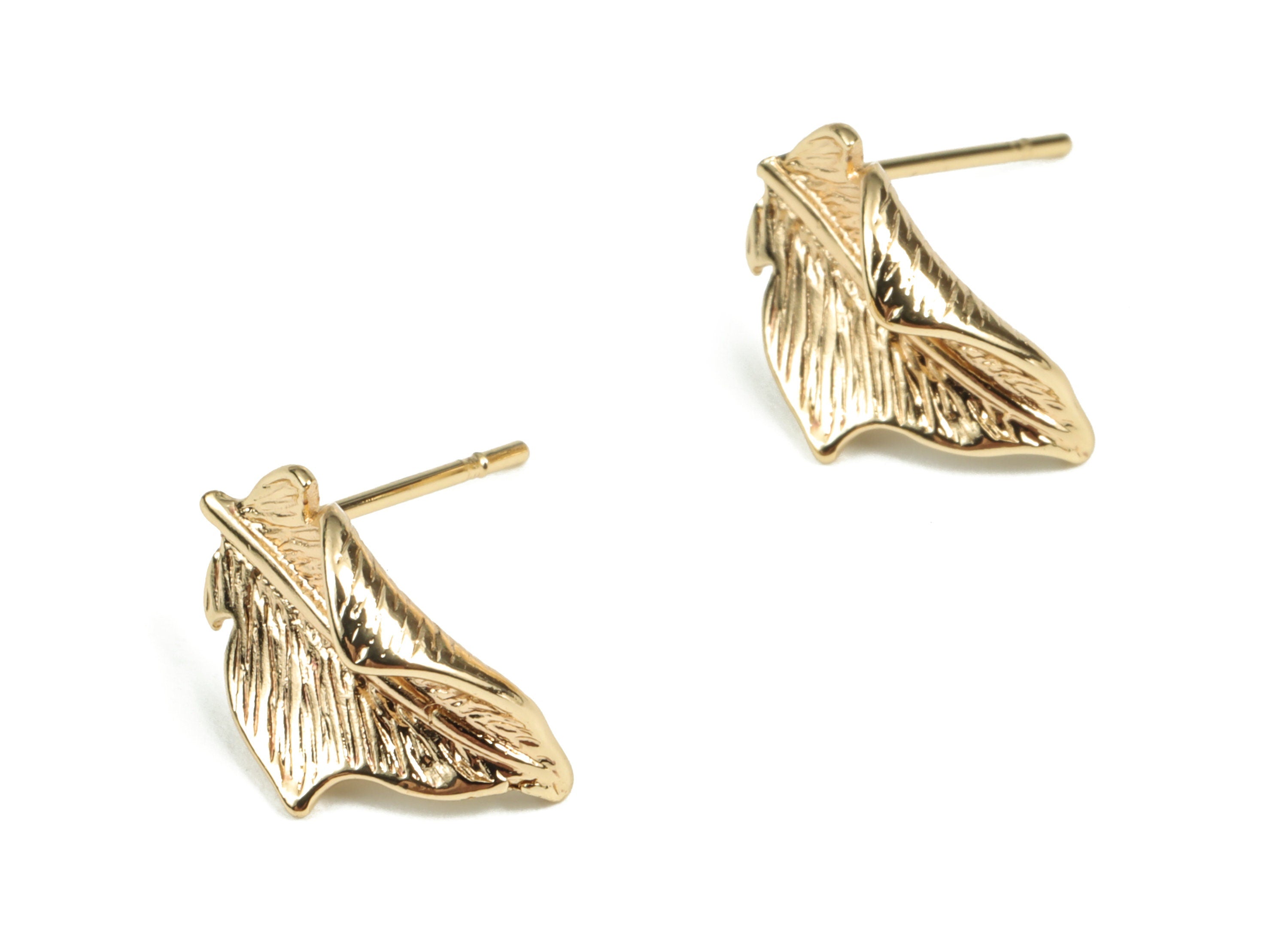 Brass Leaves Earring Post - Gold Leaves Earring Stud - 18K Real Gold Plated Brass - 316 Surgical Stainless Steel - 14.64x8.5x3.8mm - RGP2950 - DOMEDBAZAAR