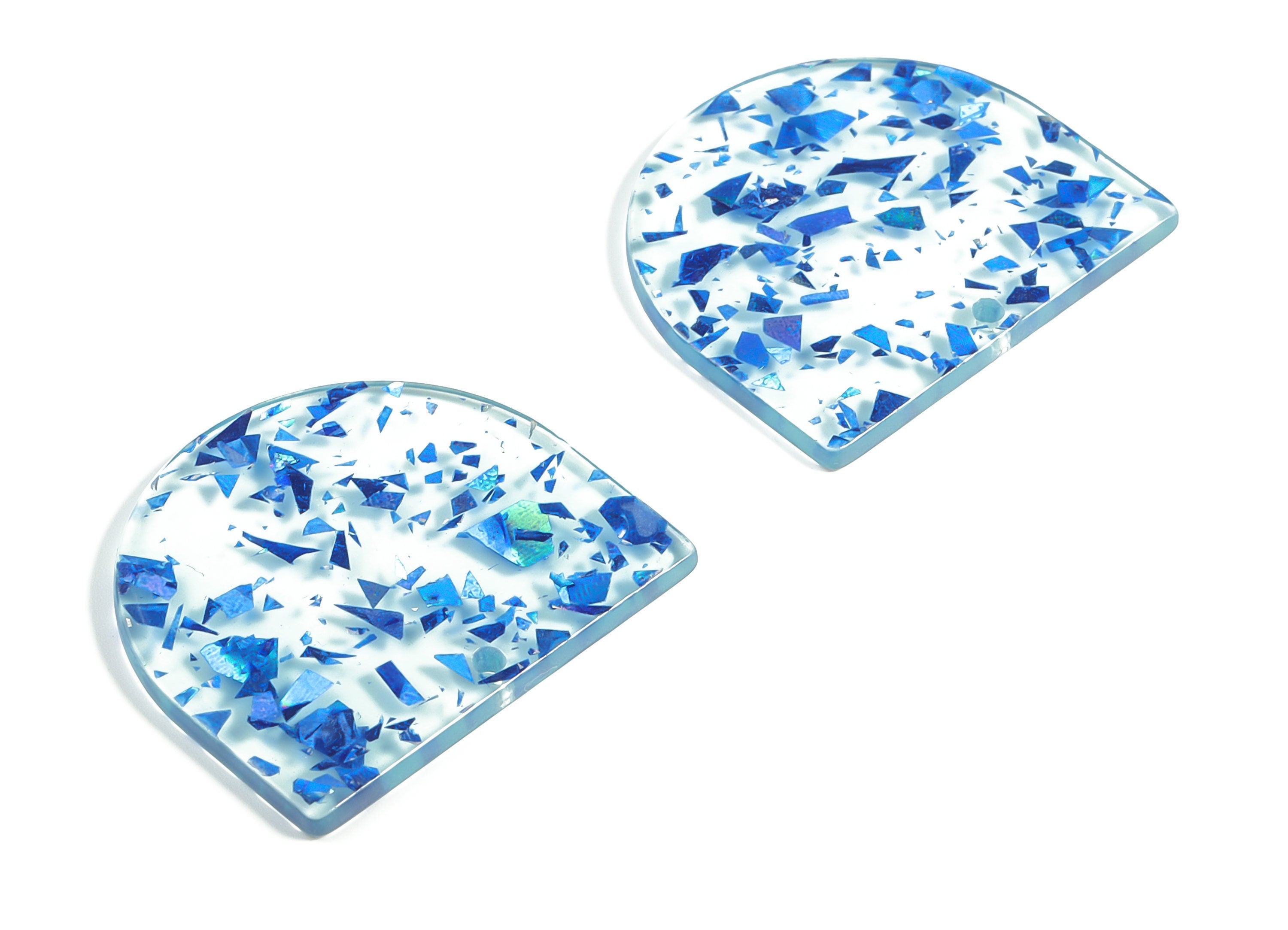 Acrylic D Earring Charms - Semi circle Pendant - Blue Foil & Confetti - Jewelry Supplies - Color Code: A621 - 33.49x29.2x2.4mm - AC1094-A621 - DOMEDBAZAAR
