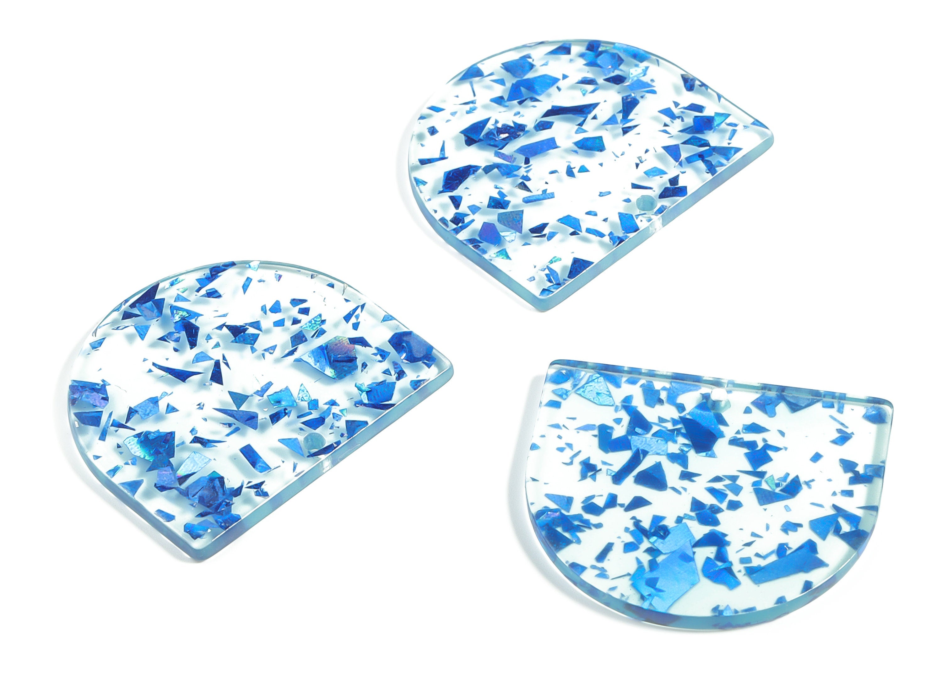 Acrylic D Earring Charms - Semi circle Pendant - Blue Foil & Confetti - Jewelry Supplies - Color Code: A621 - 33.49x29.2x2.4mm - AC1094-A621 - DOMEDBAZAAR