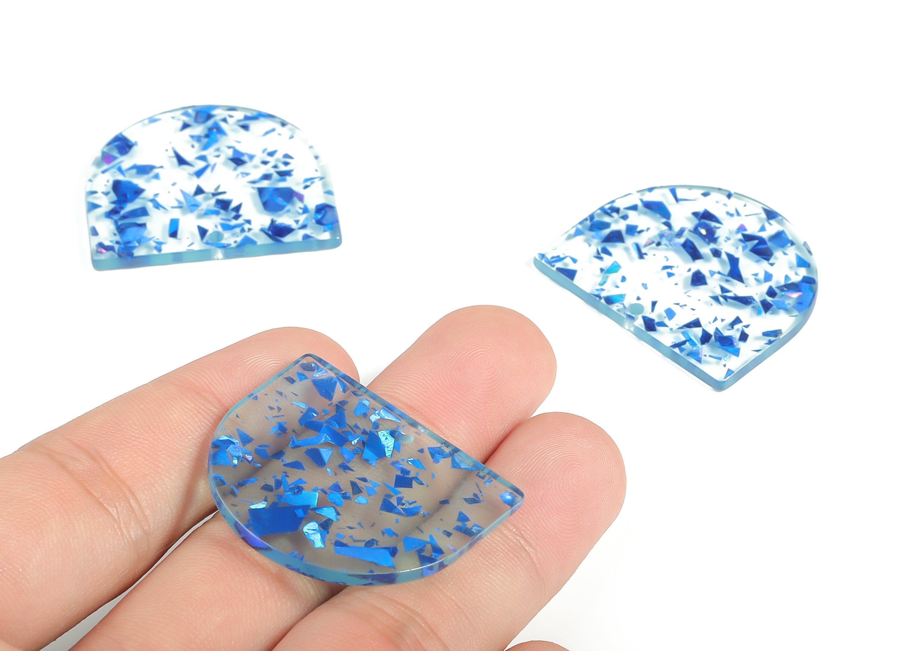Acrylic D Earring Charms - Semi circle Pendant - Blue Foil & Confetti - Jewelry Supplies - Color Code: A621 - 33.49x29.2x2.4mm - AC1094-A621 - DOMEDBAZAAR