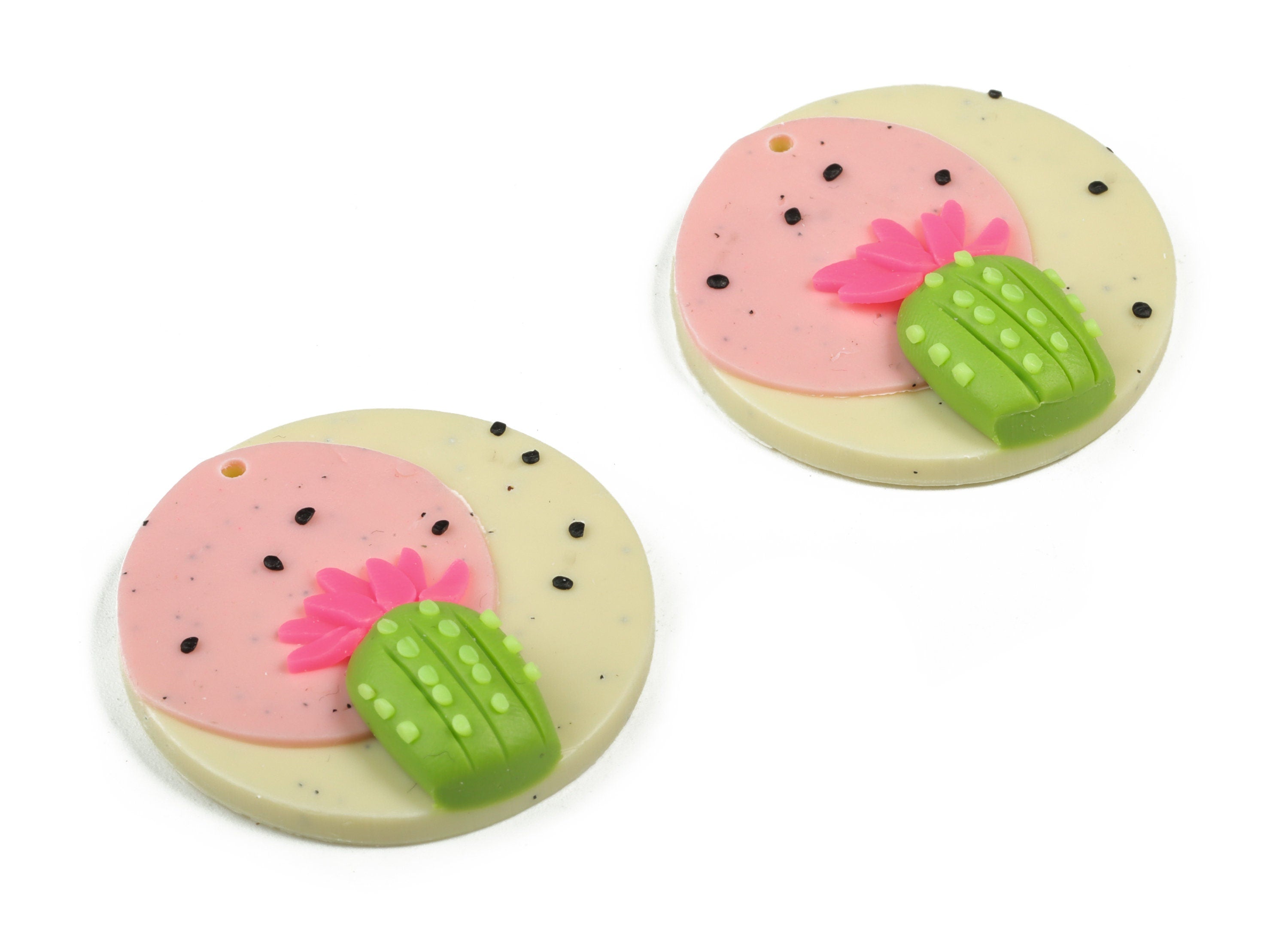 PolymerClay Round Cactus Earring Charms - PolymerClay Circle Cactus Pandant - Earring Findings - Jewelry Handmade - 34x33x8mm - PC2270A - DOMEDBAZAAR