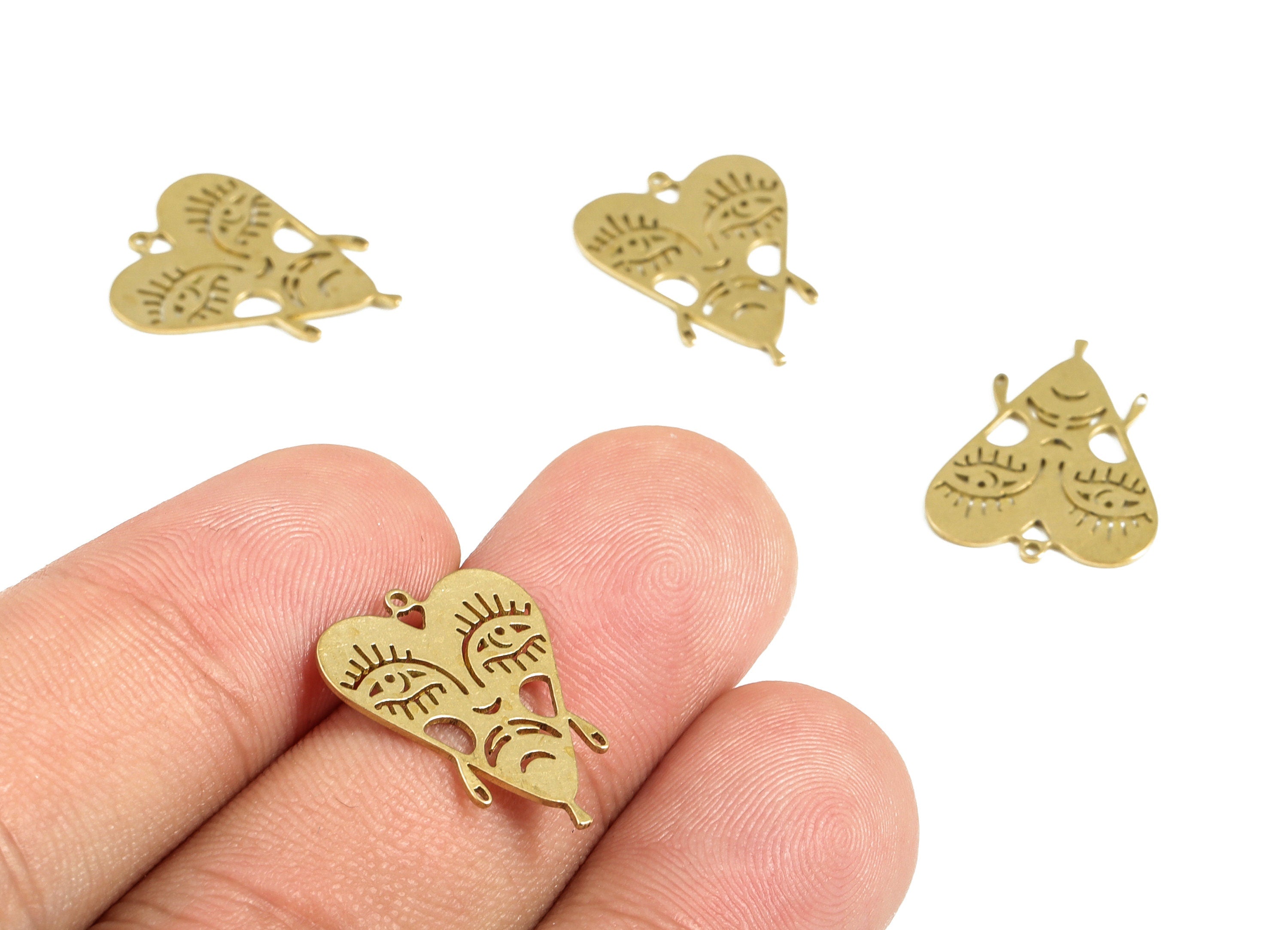 Heart Face Earring Connector - Raw Brass Face Heart Pendant - Earring Findings - Jewelry Making Supplies - 19.02x14.57x0.6mm - PP4025 - DOMEDBAZAAR