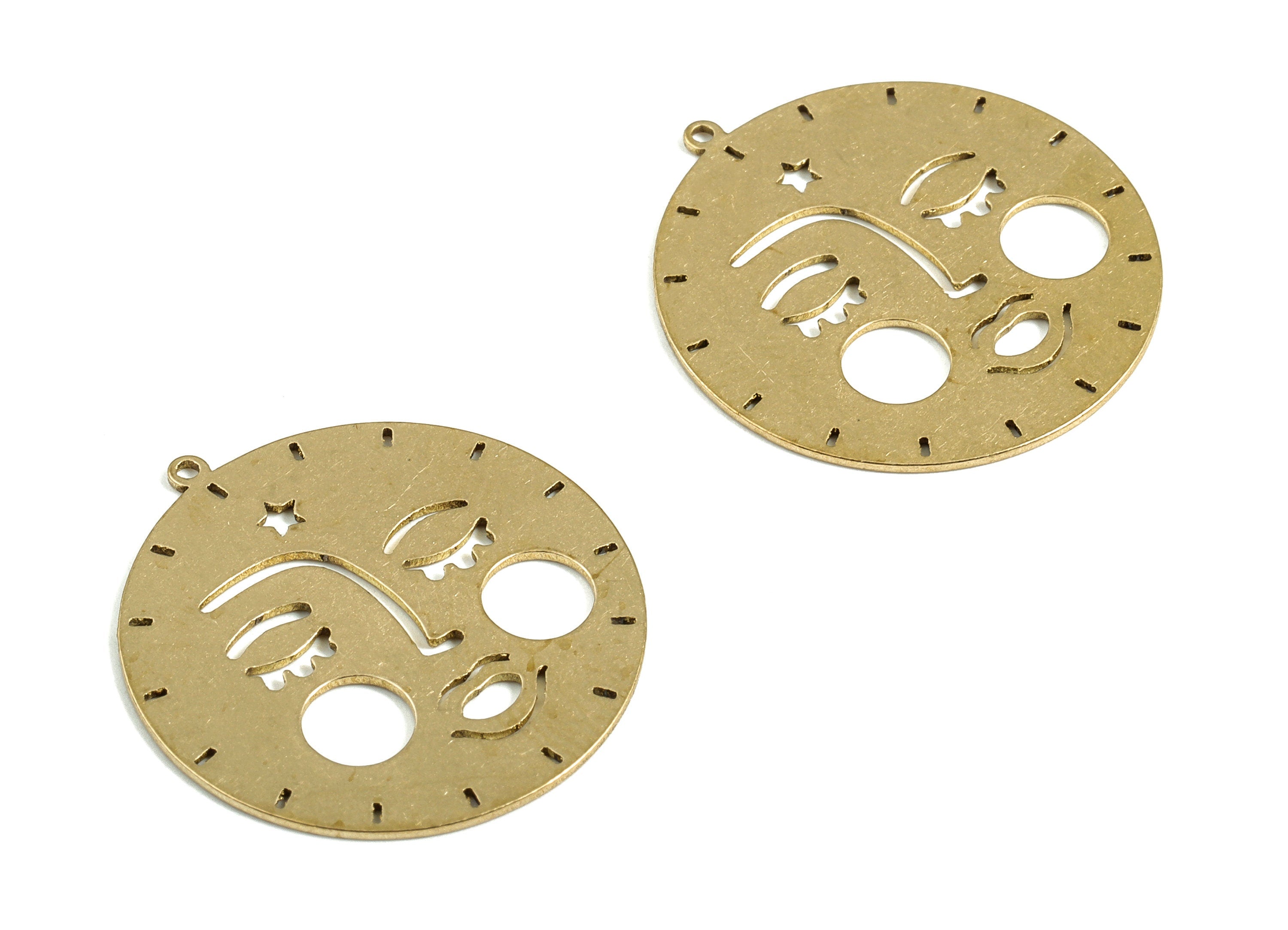 Round Sun Face Pendant - Raw Brass Asleep Sun Star Earring Charms - Asleep Face Sun Charm - Jewelry Supplies - 23.67x21.92x0.61mm - PP4023 - DOMEDBAZAAR