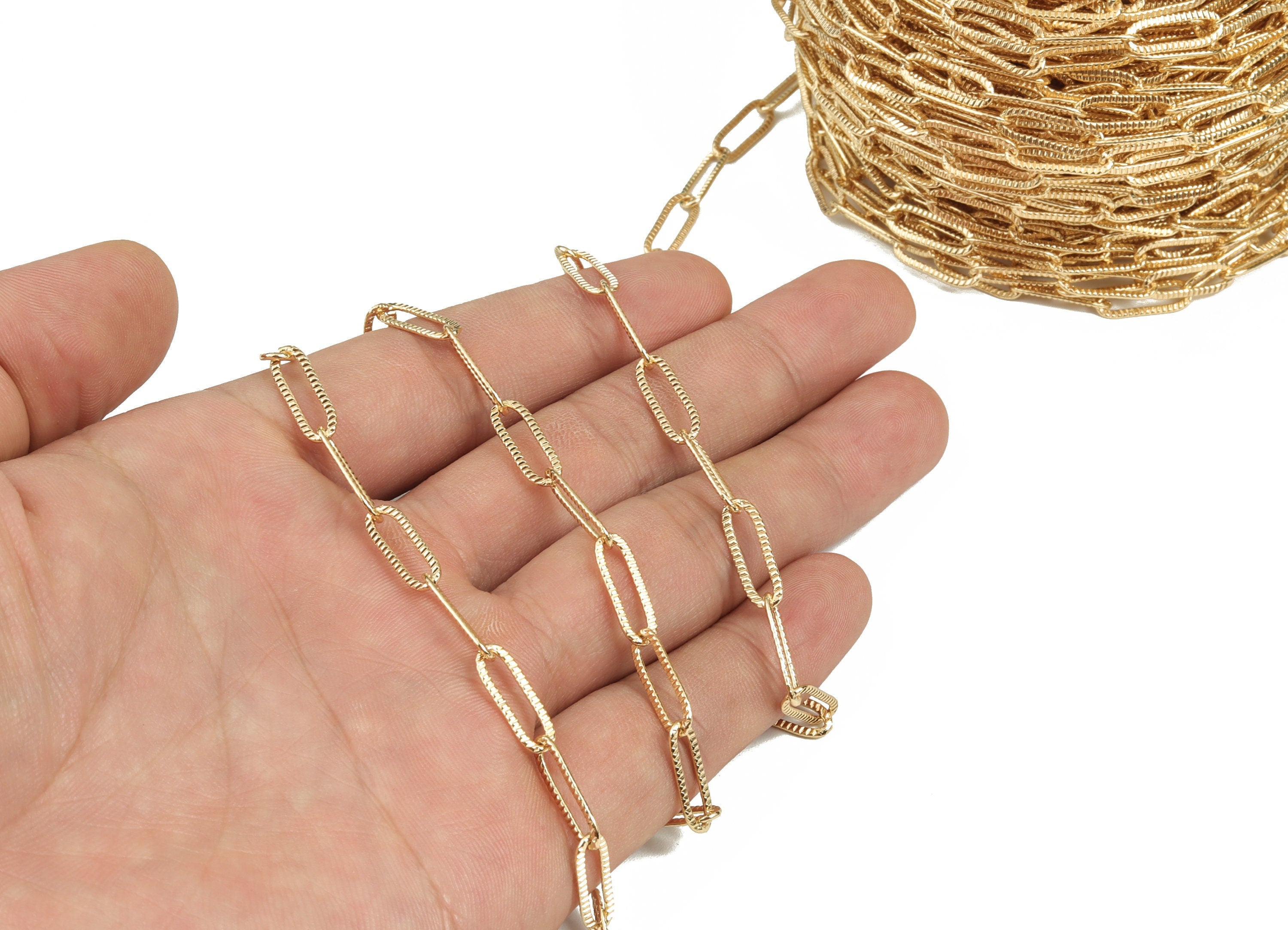 Oval Rectangle Paper Clip Layering Chain - 18K Real Gold Brass Soldered Flat Rolo Chain - Textured Cable Chain - 0.58"x0.20"x0.03" RGP2992 - DOMEDBAZAAR