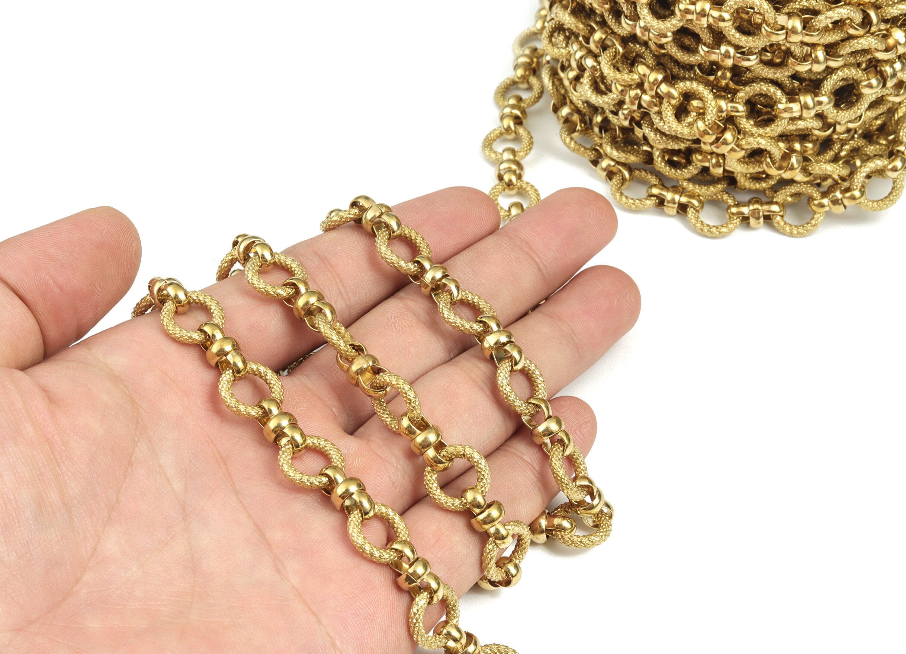 Round Rolo Cable Chain - Raw Brass Textured Round Cable Chain - Round Openlink Chain - For Necklace Bracelet 0.48"x0.48"x0.10" CC1195 - DOMEDBAZAAR