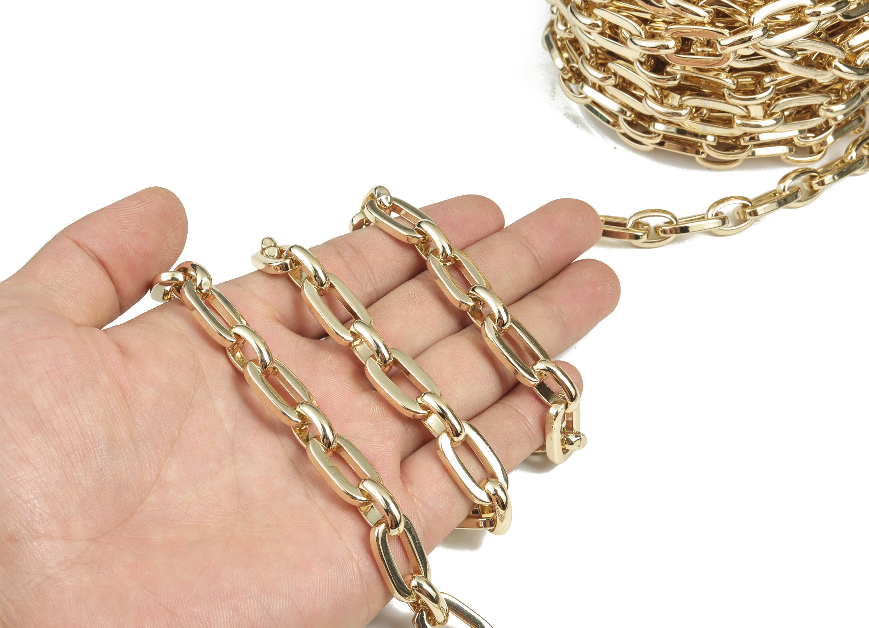 Oval Rectangle Paper Clip Layering Chain - 14K Real Gold Brass Flat Oval Rolo Cable Chain - Thick Large Chain - 0.79"x0.45"x0.12" RGP2968 - DOMEDBAZAAR
