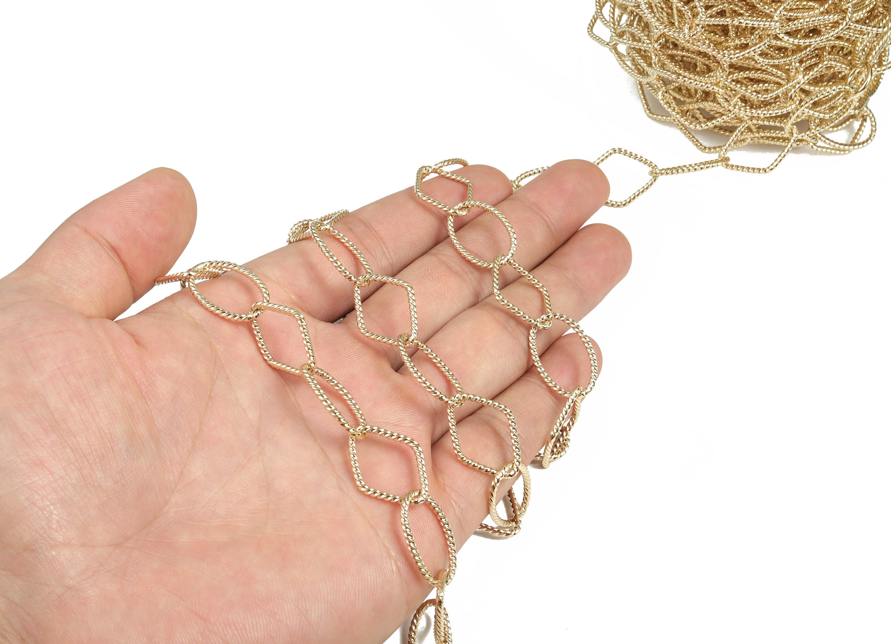 Gold Oval Paper Clip Layering Chain - 14K Real Gold Brass Textured Oval Cable Chain - Large Link Thick Chain 0.84"x0.50"x0.06" RGP2969 - DOMEDBAZAAR