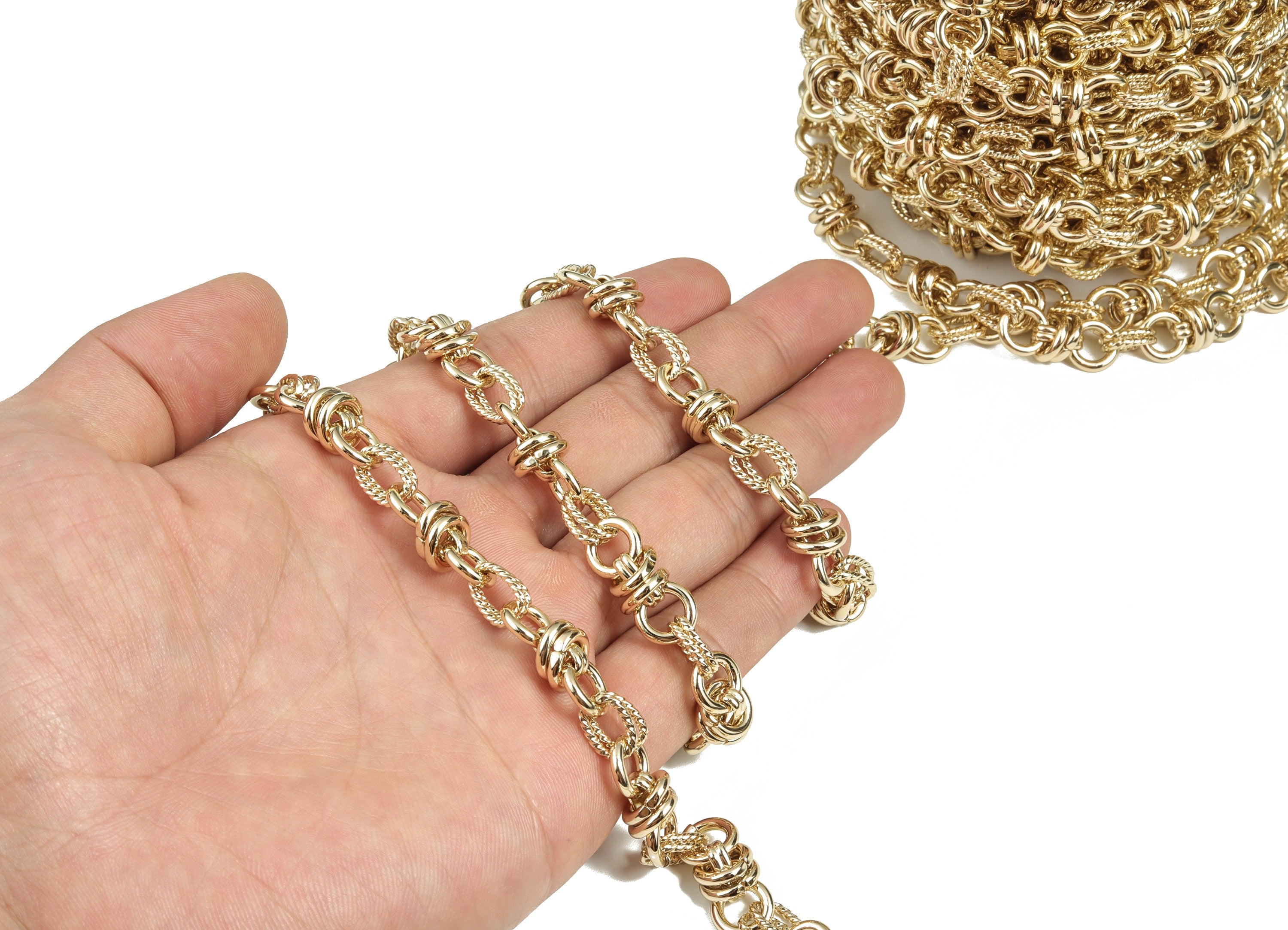Gold Textured Round Link Chain - 14K Real Gold Brass Thick Chunky Chain -Layering Link Chain-For Necklace Bracelet 0.36"x0.36"x0.07" RGP2973 - DOMEDBAZAAR