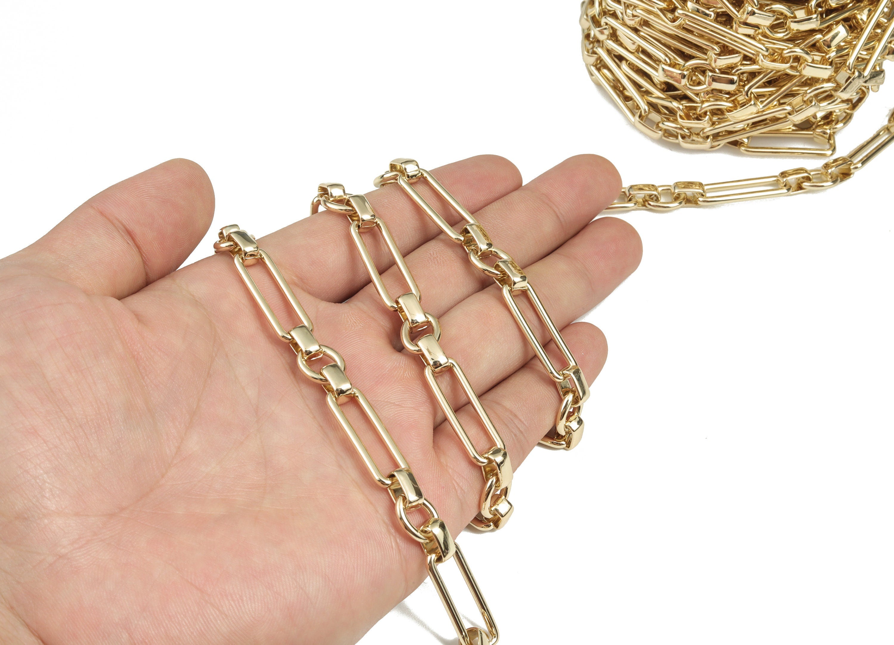 Oval Rectangle Paper Clip Layering Chain-14K Real Gold Brass Oval Rolo Large Chain-Flat Rectangle Oval Cable Chain-0.99"x0.35"x0.08" RGP2974 - DOMEDBAZAAR