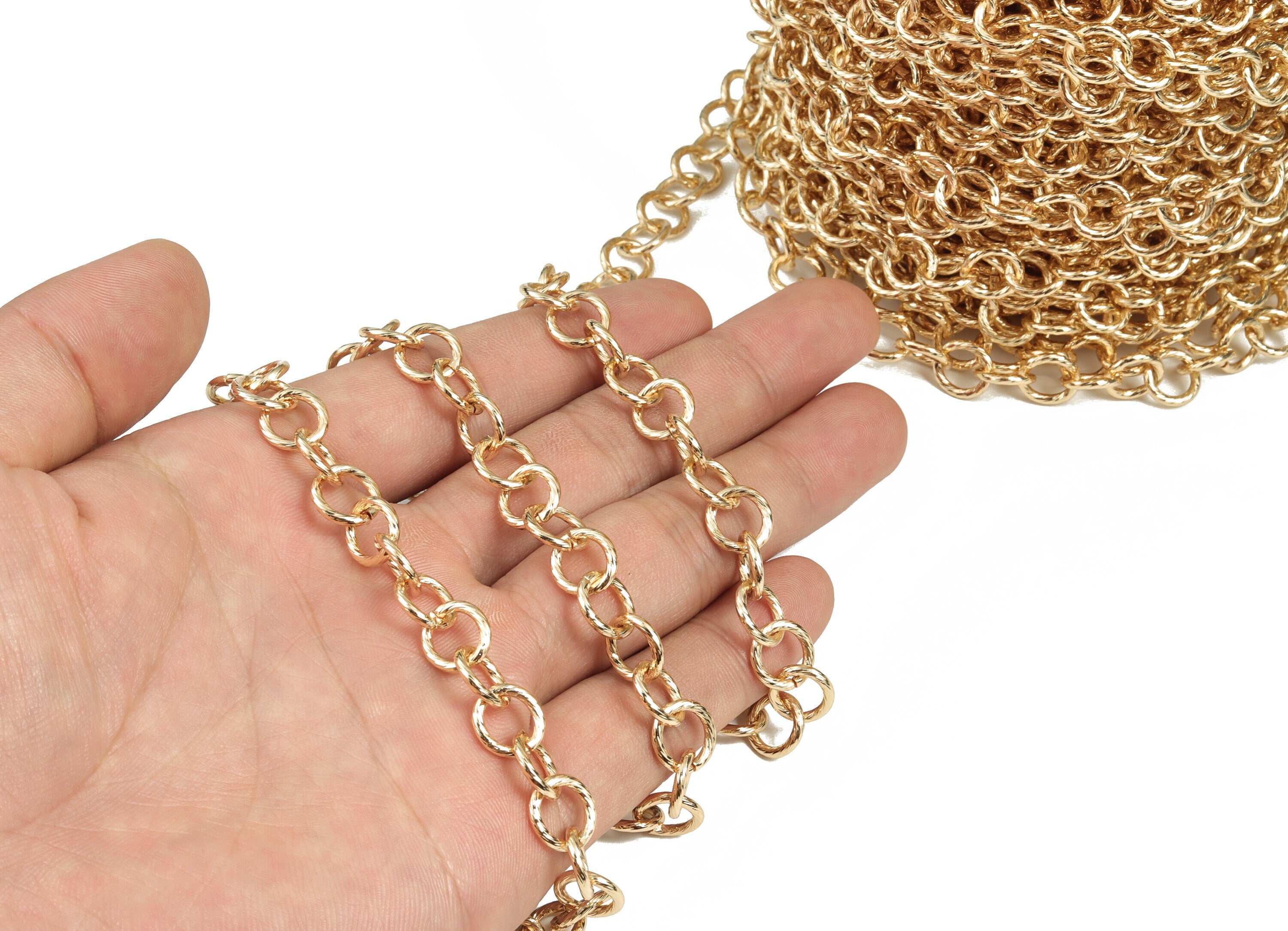 Gold Round Link Cable Chain - 18K Real Gold Brass Textured Round Cable Chain - Round Cable Chain - 0.37"x0.37"x0.06" RGP2991 - DOMEDBAZAAR