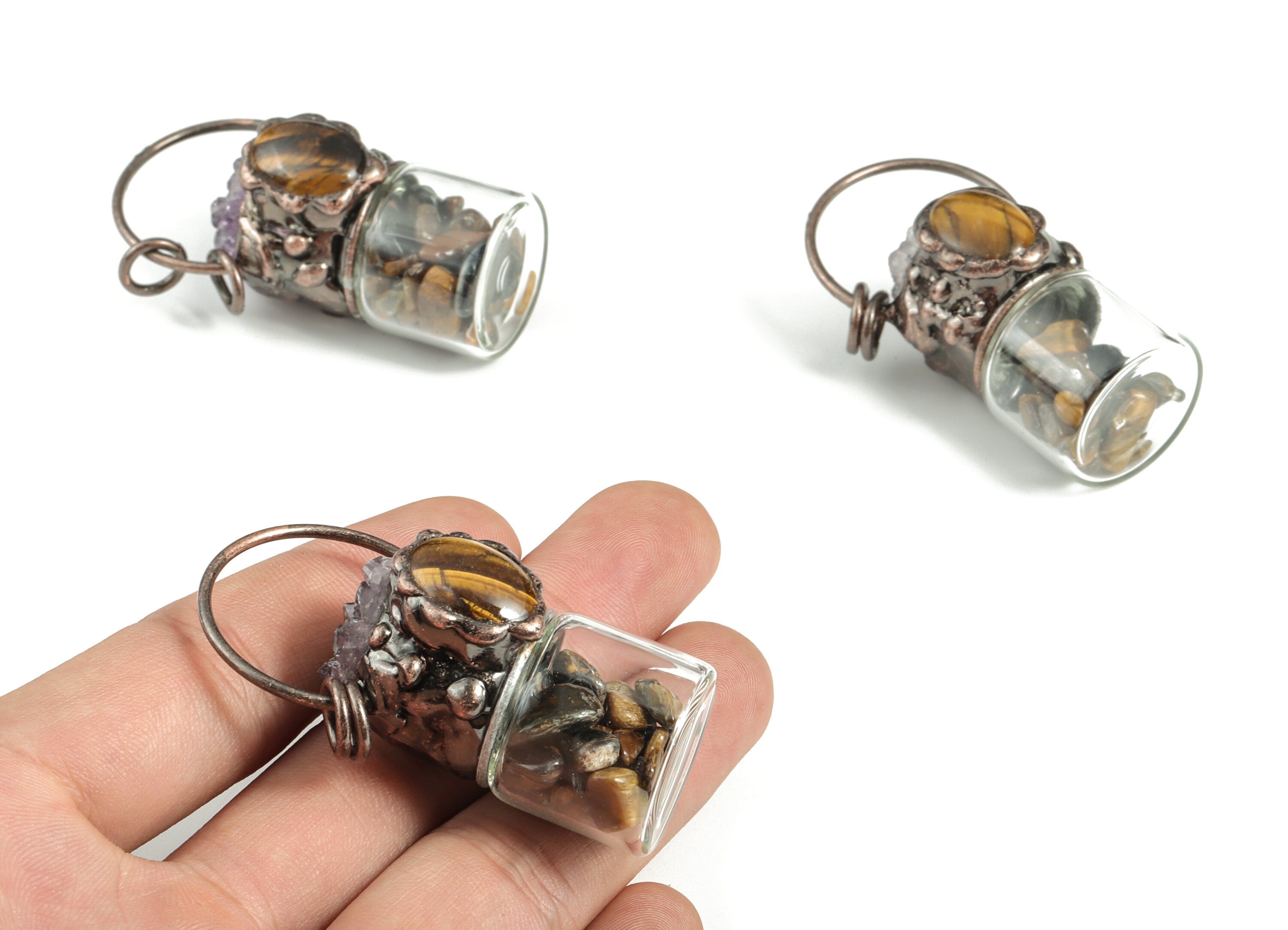 Amethyst Tiger Eye Pendant – Glass Bottle Pendant With Gemstones – Amethyst Charm – Average Size - 54.57×26.37 ×28.08mm - NS1303 - DOMEDBAZAAR