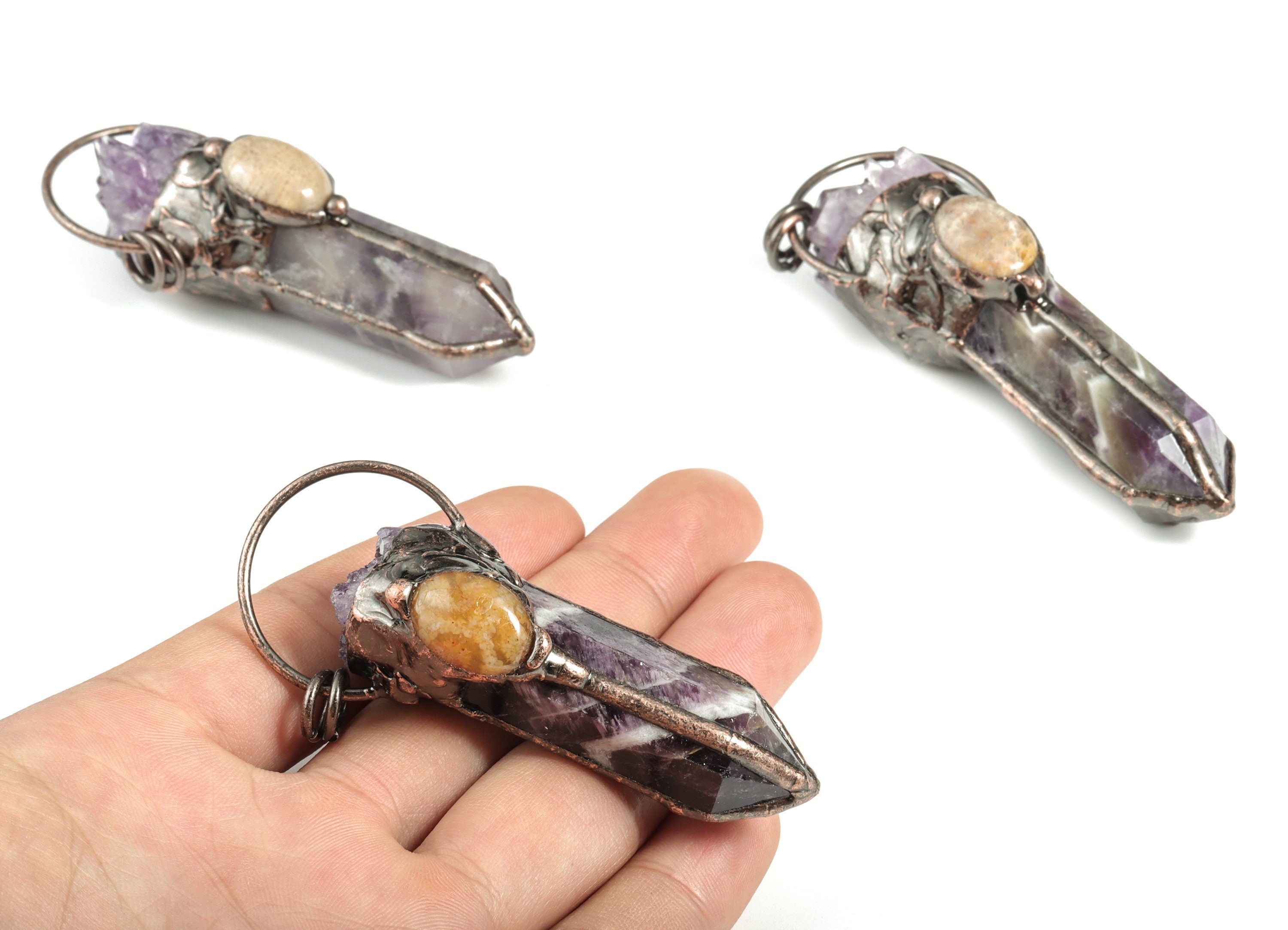 Long Amethyst Crystal Bullet Pendant - Chrysanthemum Stone Pendant – Average Size Charms – Jewelry Supplies – 81.37x30.77x28.56mm – NS1313 - DOMEDBAZAAR