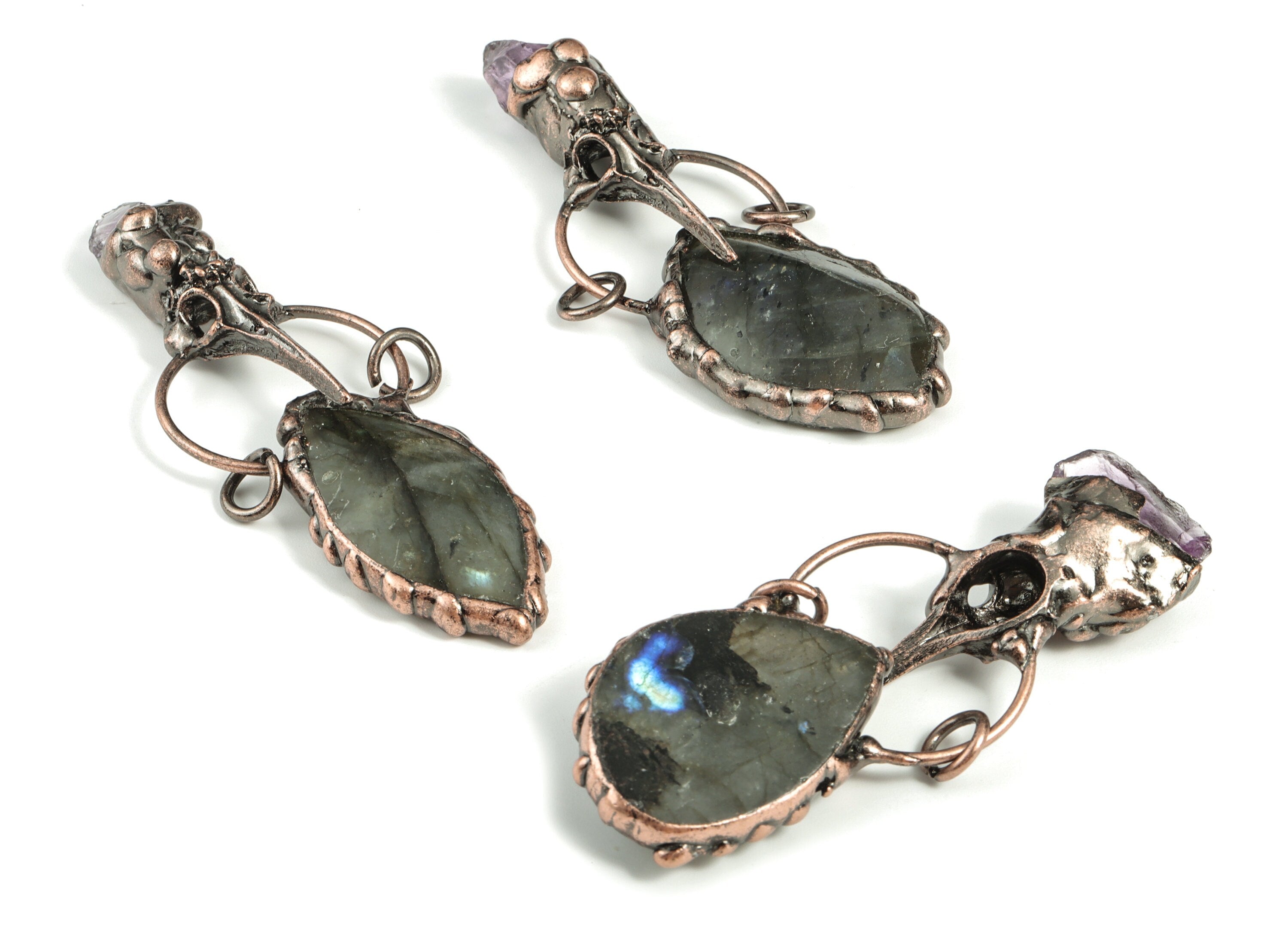 Natural Labradorite Pendant – Purple Amethyst Charms – Bird Head Skull Charm - Jewelry Supplies- Average Size - 84.52x28.24x12.68mm- NS1356 - DOMEDBAZAAR