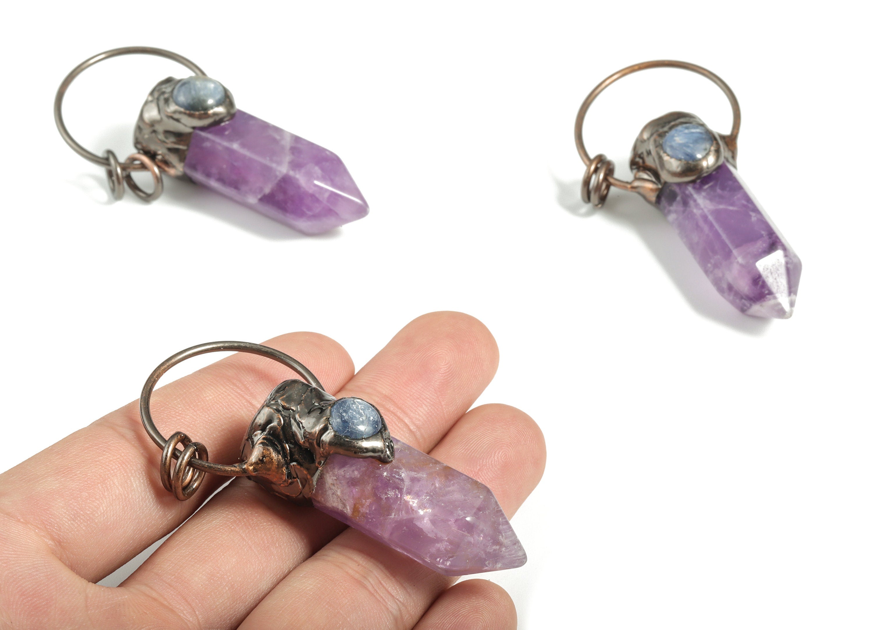 Purple Amethyst Pendant - Aquamarine Stone Eye – Crystal Bullet Pointed Gemstone Pendant - Average Size - 64.14×30.12×19.29mm - NS1374 - DOMEDBAZAAR