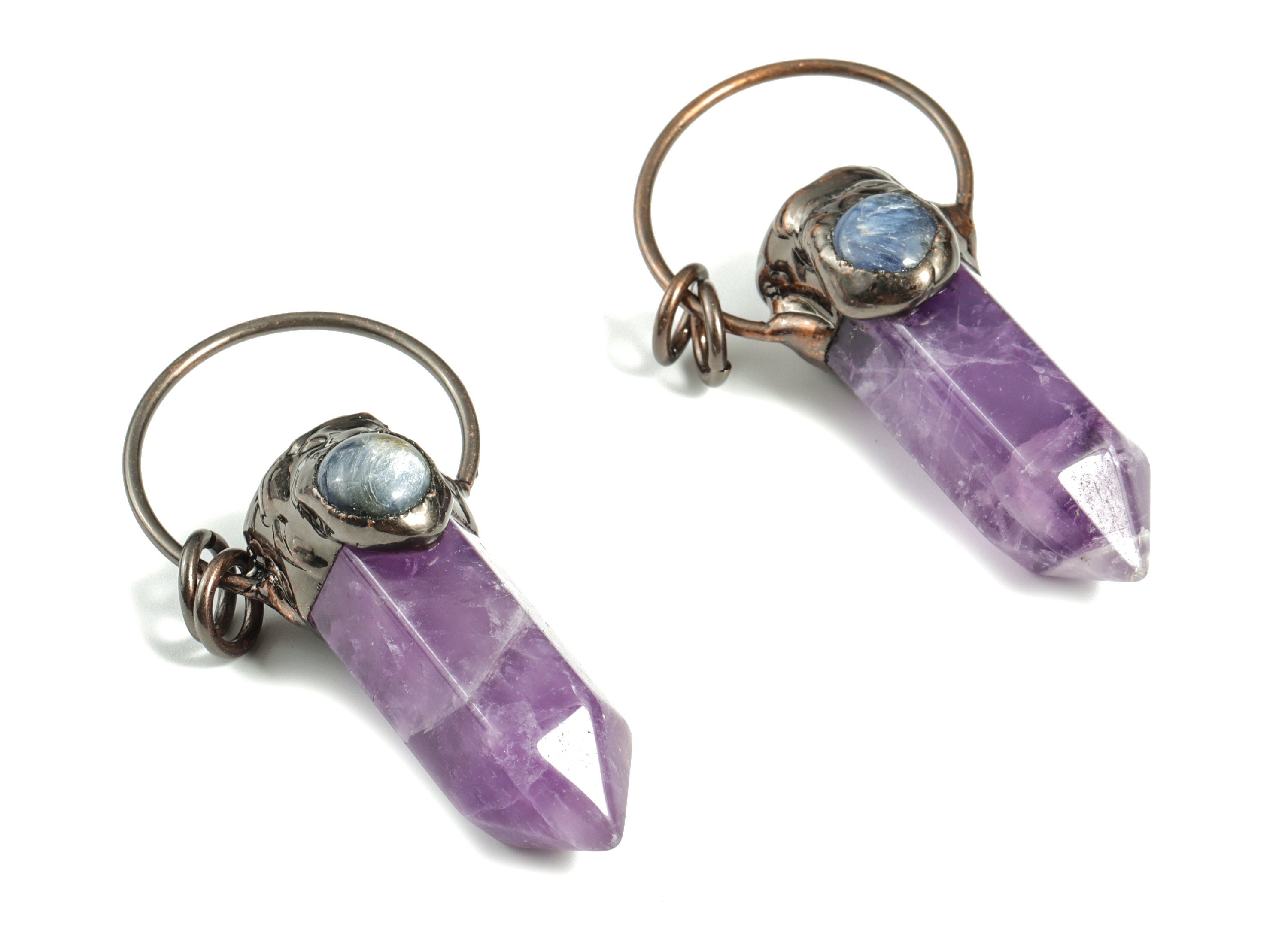 Purple Amethyst Pendant - Aquamarine Stone Eye – Crystal Bullet Pointed Gemstone Pendant - Average Size - 64.14×30.12×19.29mm - NS1374 - DOMEDBAZAAR
