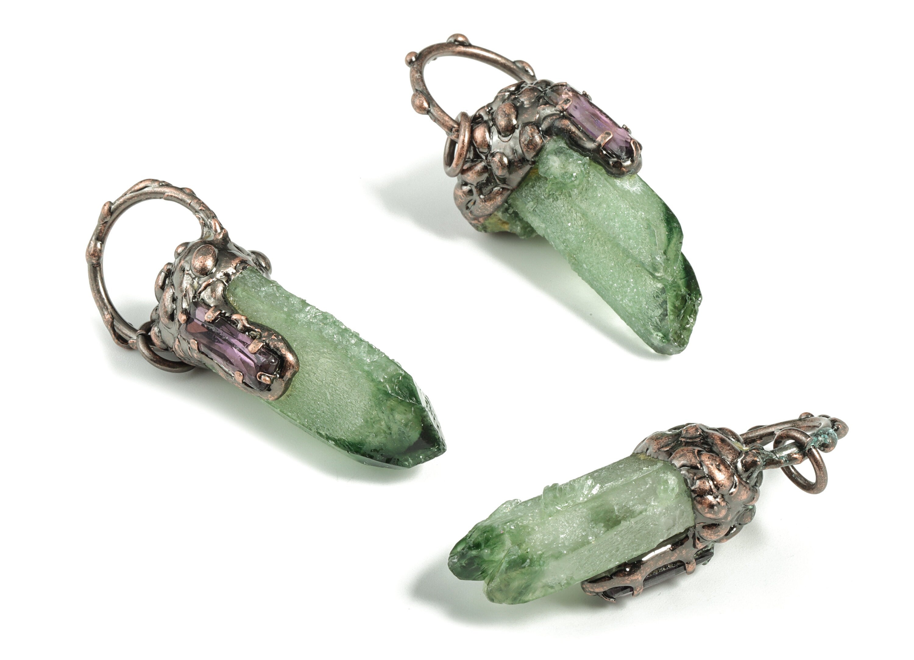 Green Aura Quartz with Amethyst Pendant – Green Crystal Zircon Earring Charm - DIY Jewelry Making - Average Size - 58×23.8×19.9mm - NS1375 - DOMEDBAZAAR