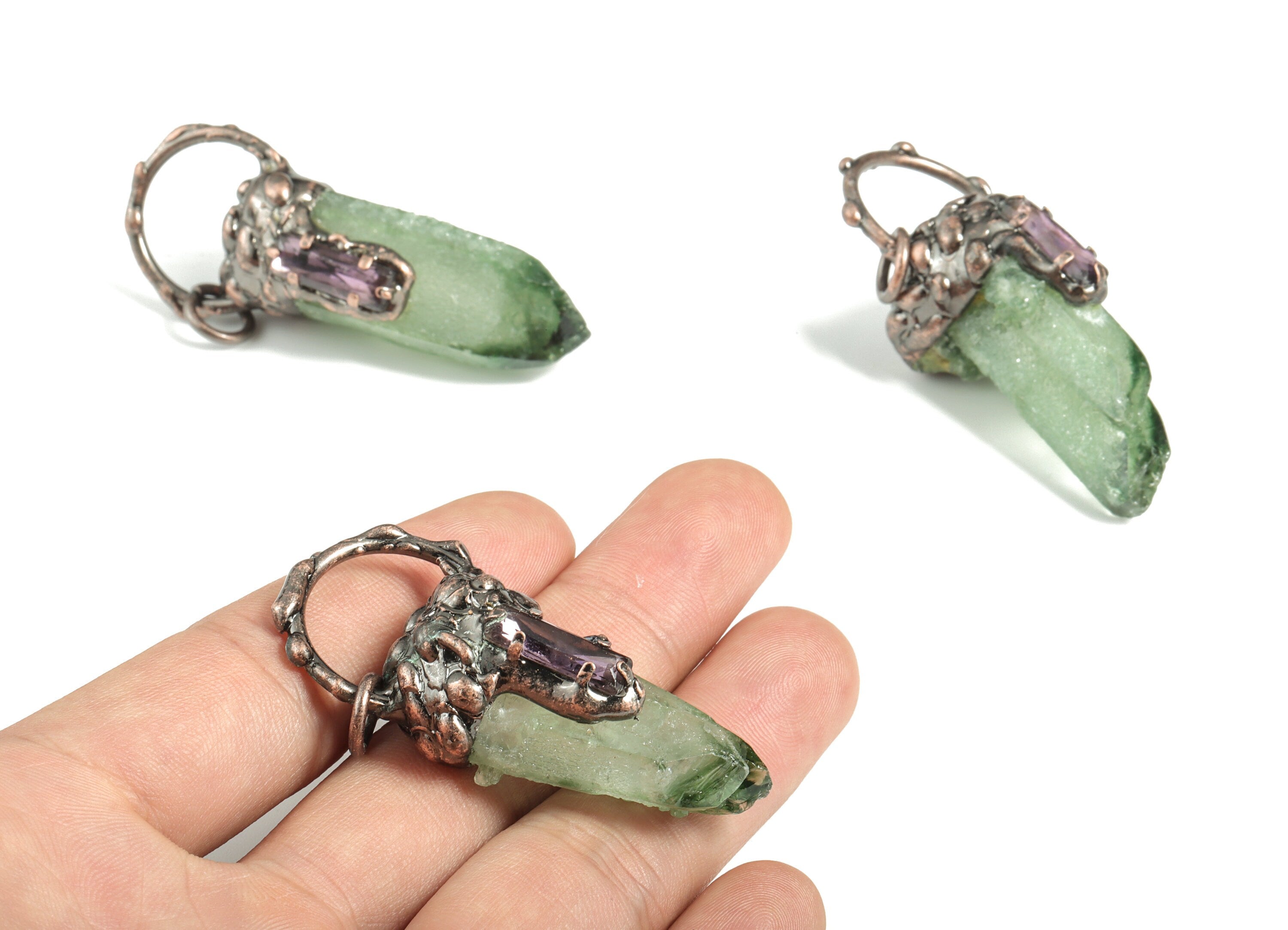 Green Aura Quartz with Amethyst Pendant – Green Crystal Zircon Earring Charm - DIY Jewelry Making - Average Size - 58×23.8×19.9mm - NS1375 - DOMEDBAZAAR