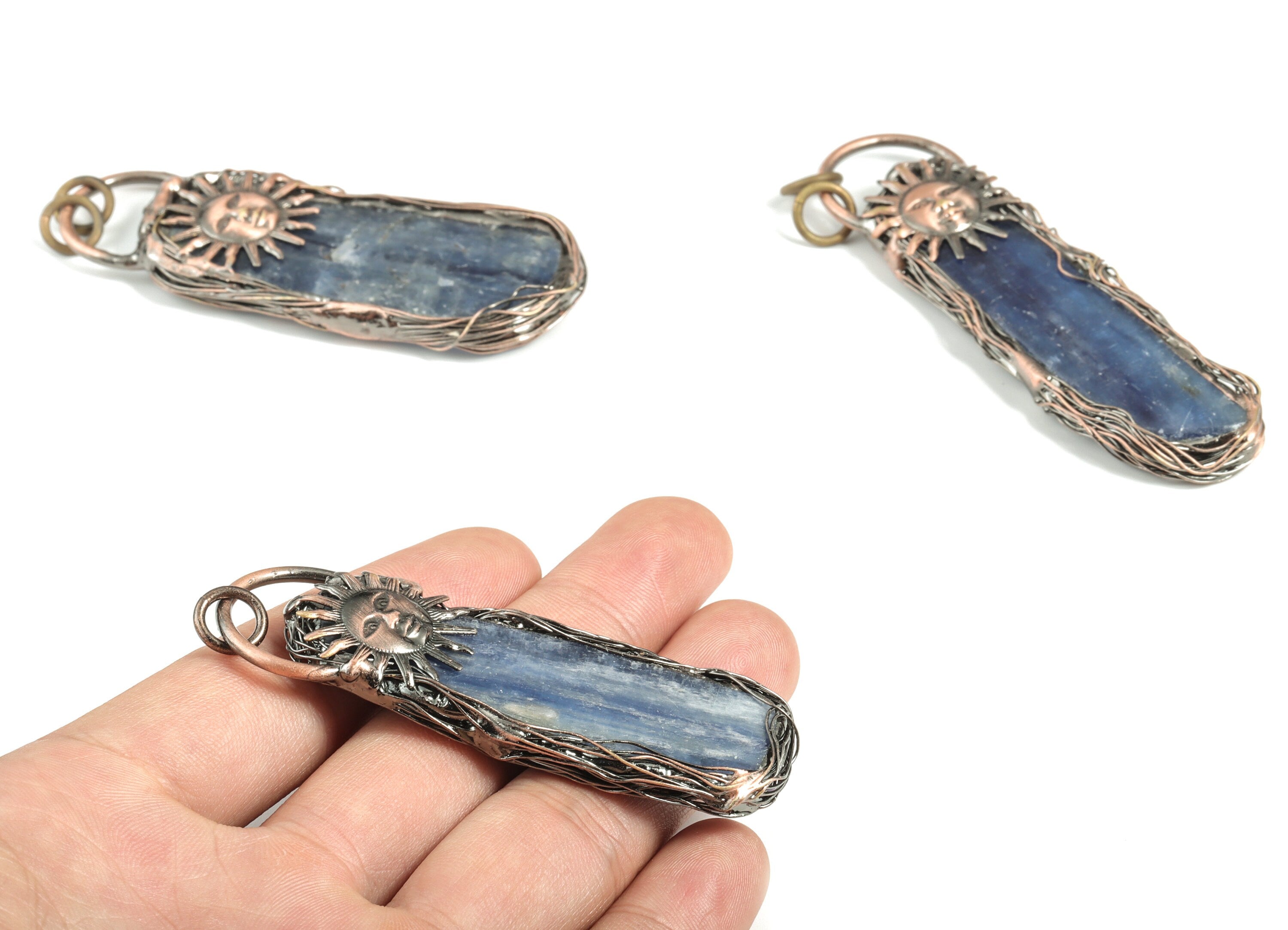 Raw Kyanite Pendant – Sun Face Blue Kyanite Gemstone Earring Charm - Choi Moon Bdeas - Average Size - 75.49× 30.05× 7.24mm - NS1378 - DOMEDBAZAAR