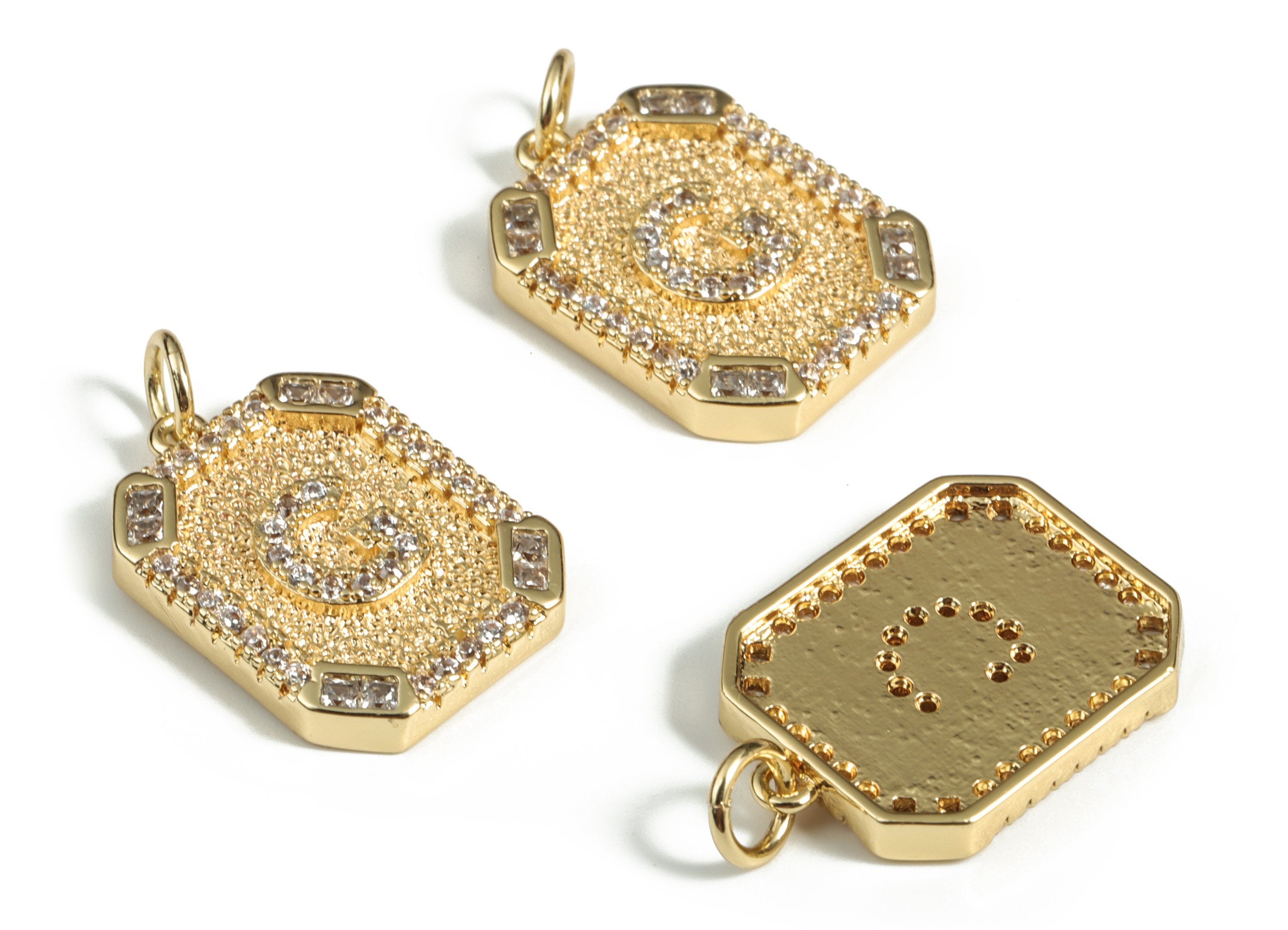 Brass Square Letter G Earring Charm With Zircons -18k Real Gold Plated Brass - Initial G Gold Square Pendant - 22.89x13.97x2.7mm - RGP3135G - DOMEDBAZAAR