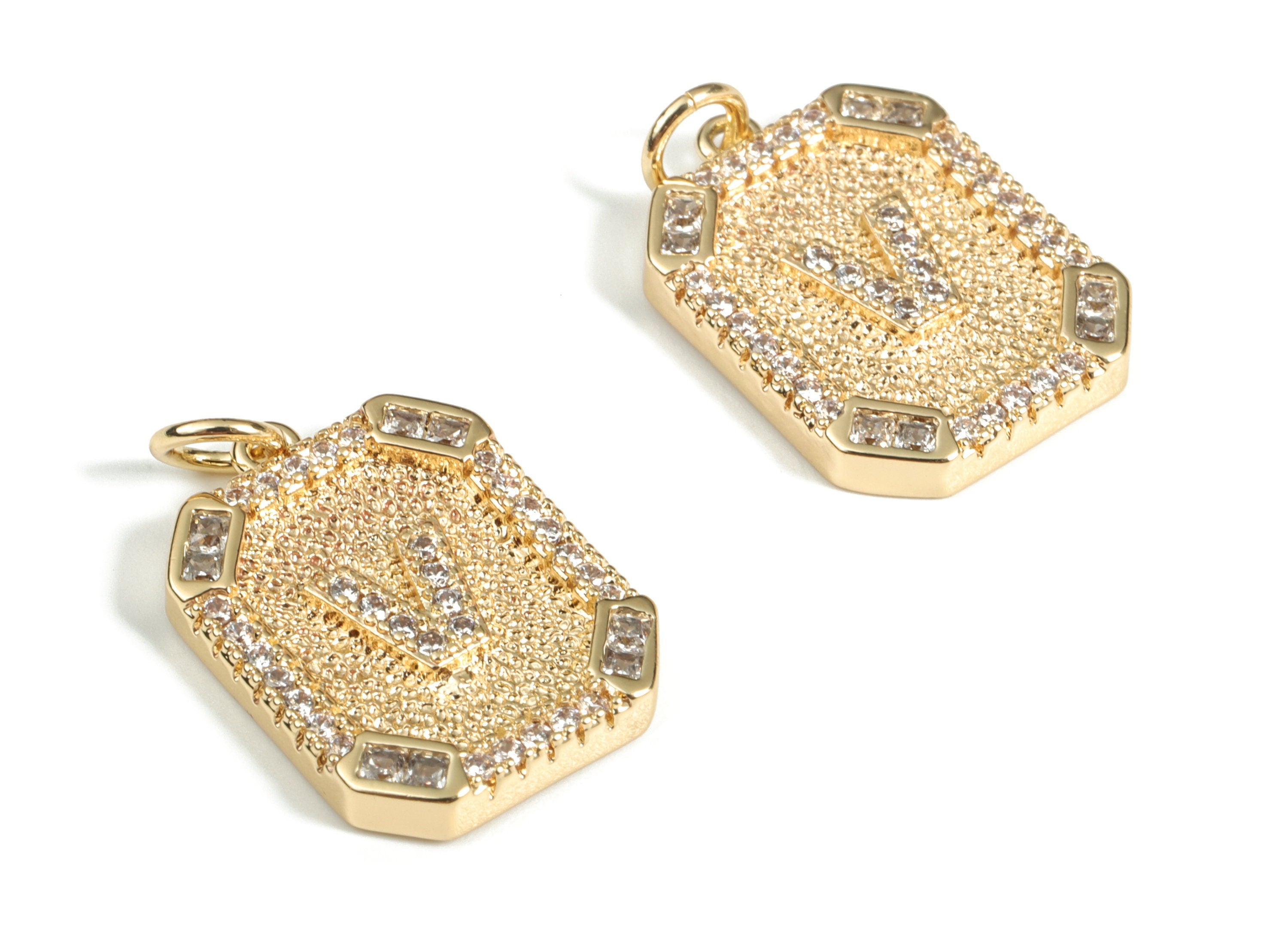 Brass Square Letter V Earring Charm With Zircons -Initial V Gold Square Pendant -18k Real Gold Plated Brass - 22.89x13.97x2.7mm - RGP3135V - DOMEDBAZAAR