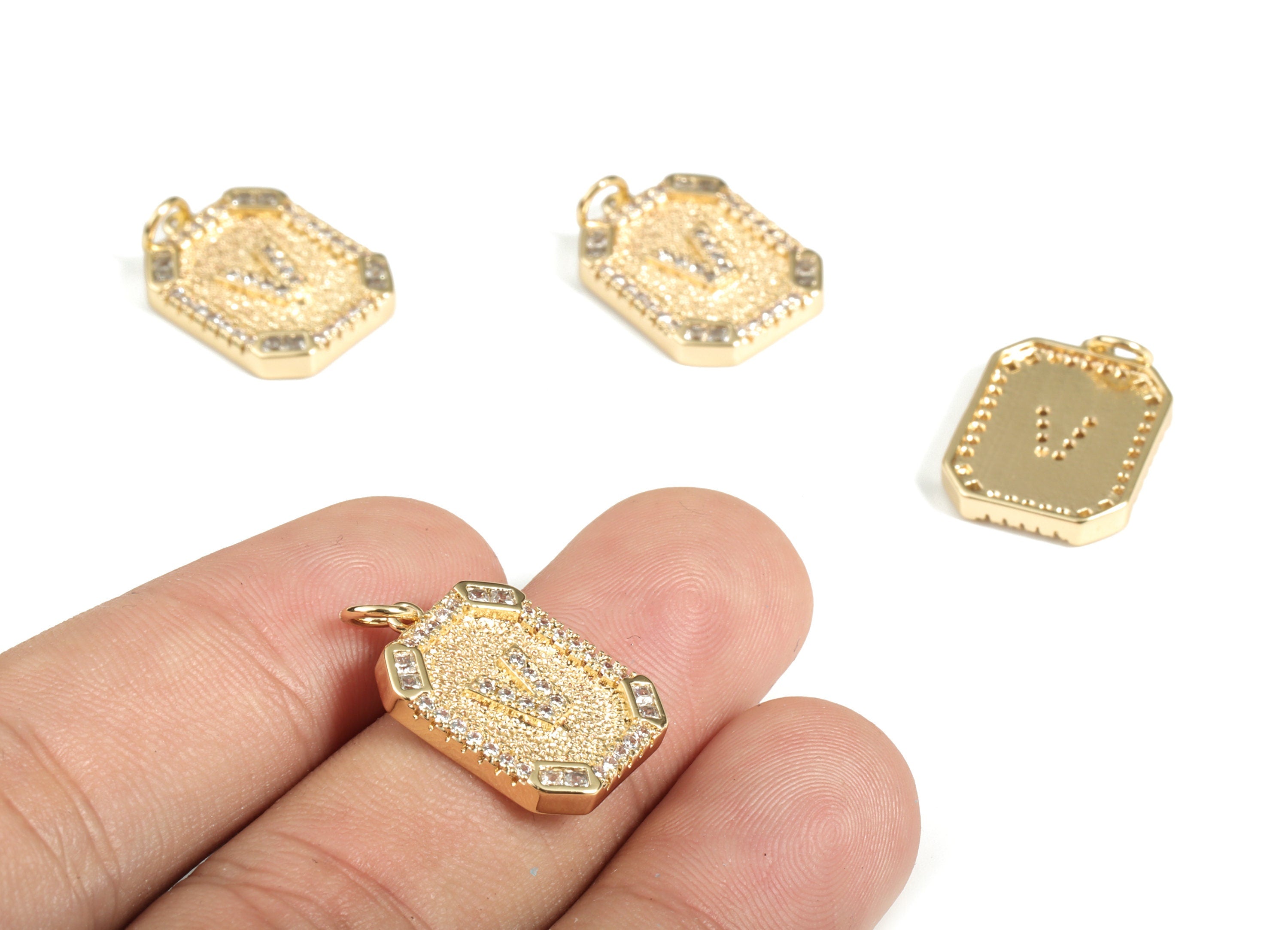 Brass Square Letter V Earring Charm With Zircons -Initial V Gold Square Pendant -18k Real Gold Plated Brass - 22.89x13.97x2.7mm - RGP3135V - DOMEDBAZAAR