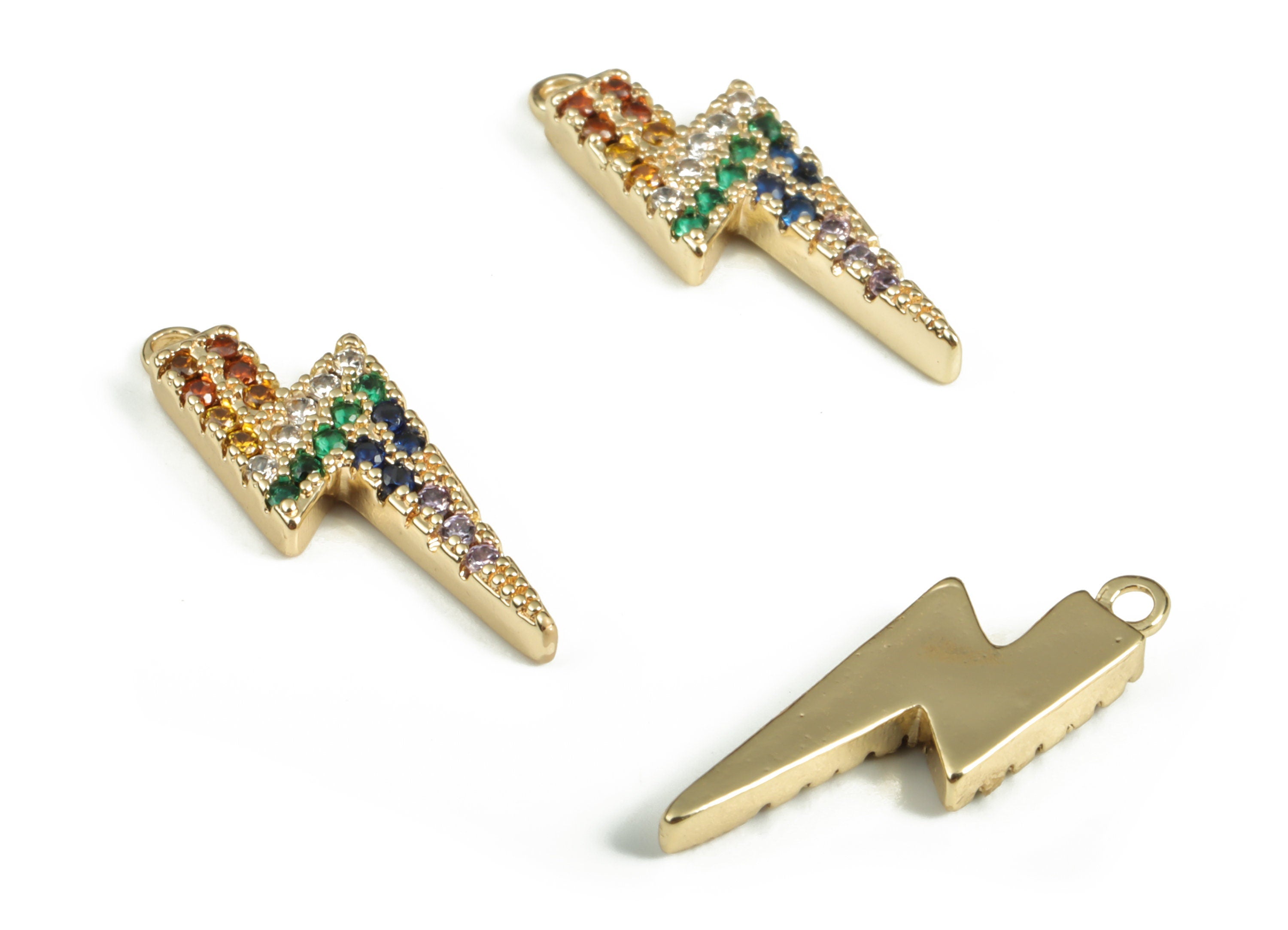 Brass Lightning Earring Charms With Zircons - Gold Lightning Pendant - 18K Real Gold Plated Brass - 17.79x6.06x2.14mm - RGP3052 - DOMEDBAZAAR