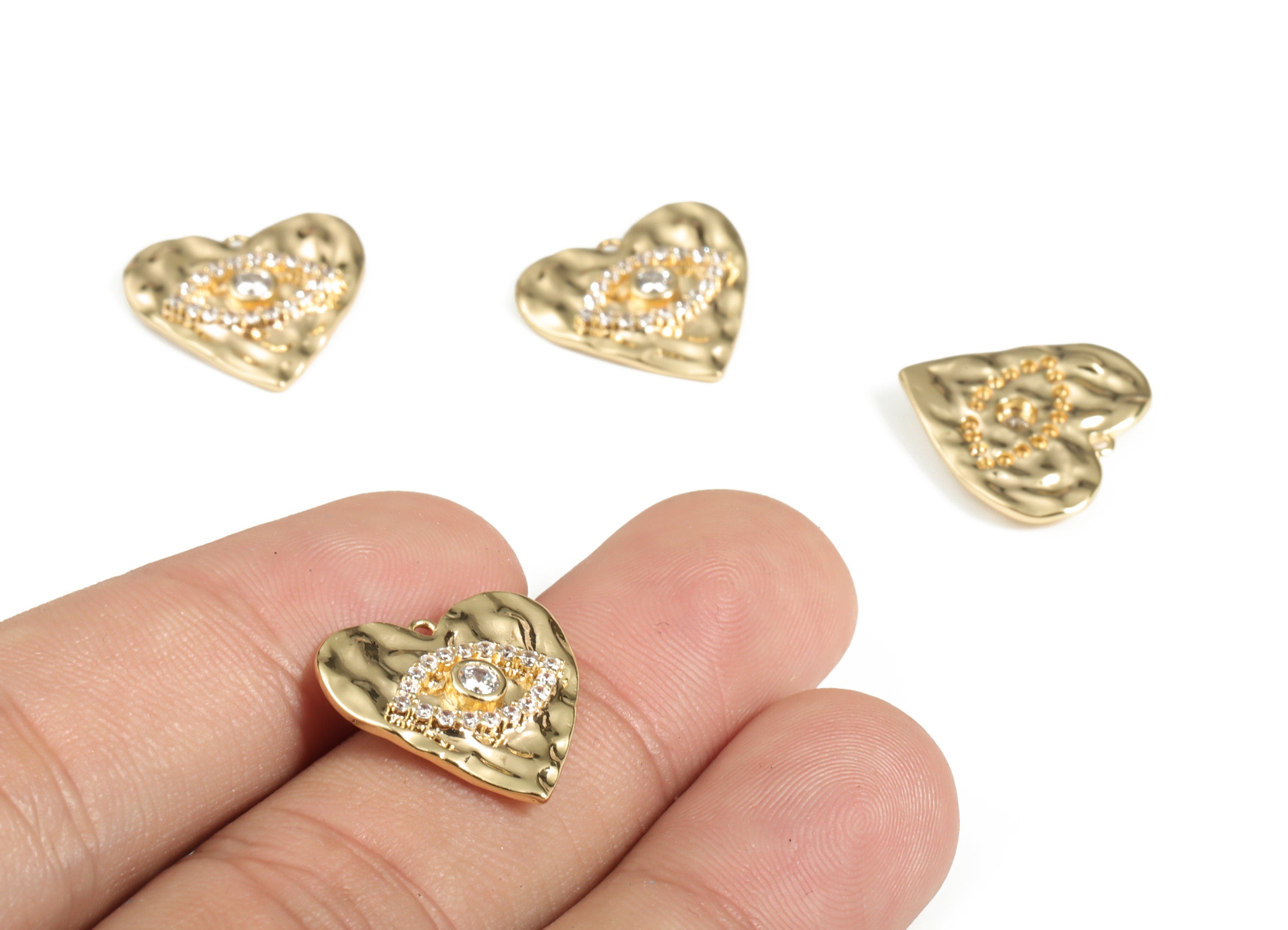 Brass Heart Eye Earring Charms With Zircons - Gold Heart Eye Pendant - 18K Real Gold Plated Brass - 17.34x16.89x2.73mm - RGP3114 - DOMEDBAZAAR