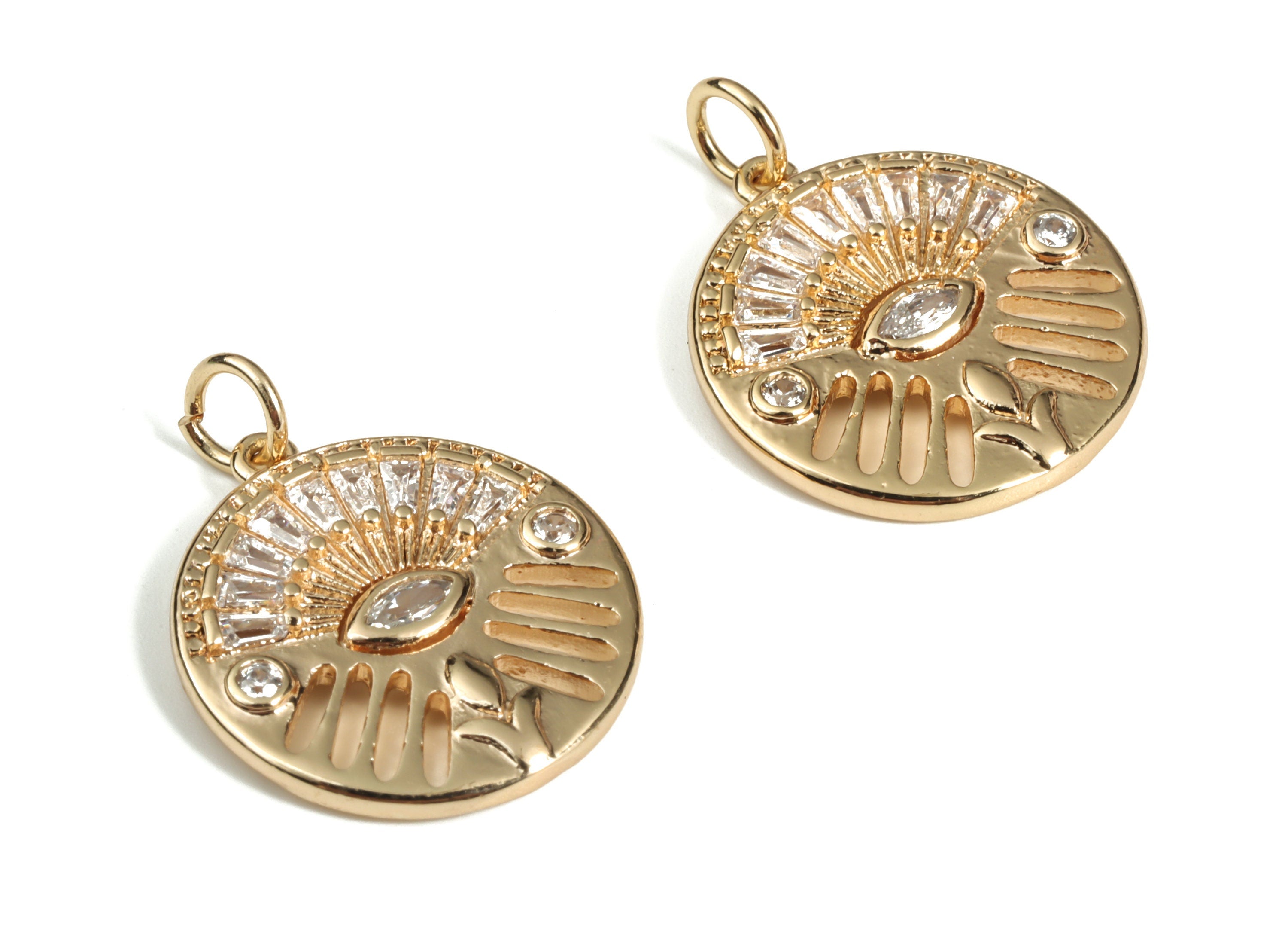 Brass Round Eye Earring Charms With Zircons - Gold Circle Eye Pendant - 18K Real Gold Plated Brass - 22.46x17.25x2.15mm - RGP3117 - DOMEDBAZAAR