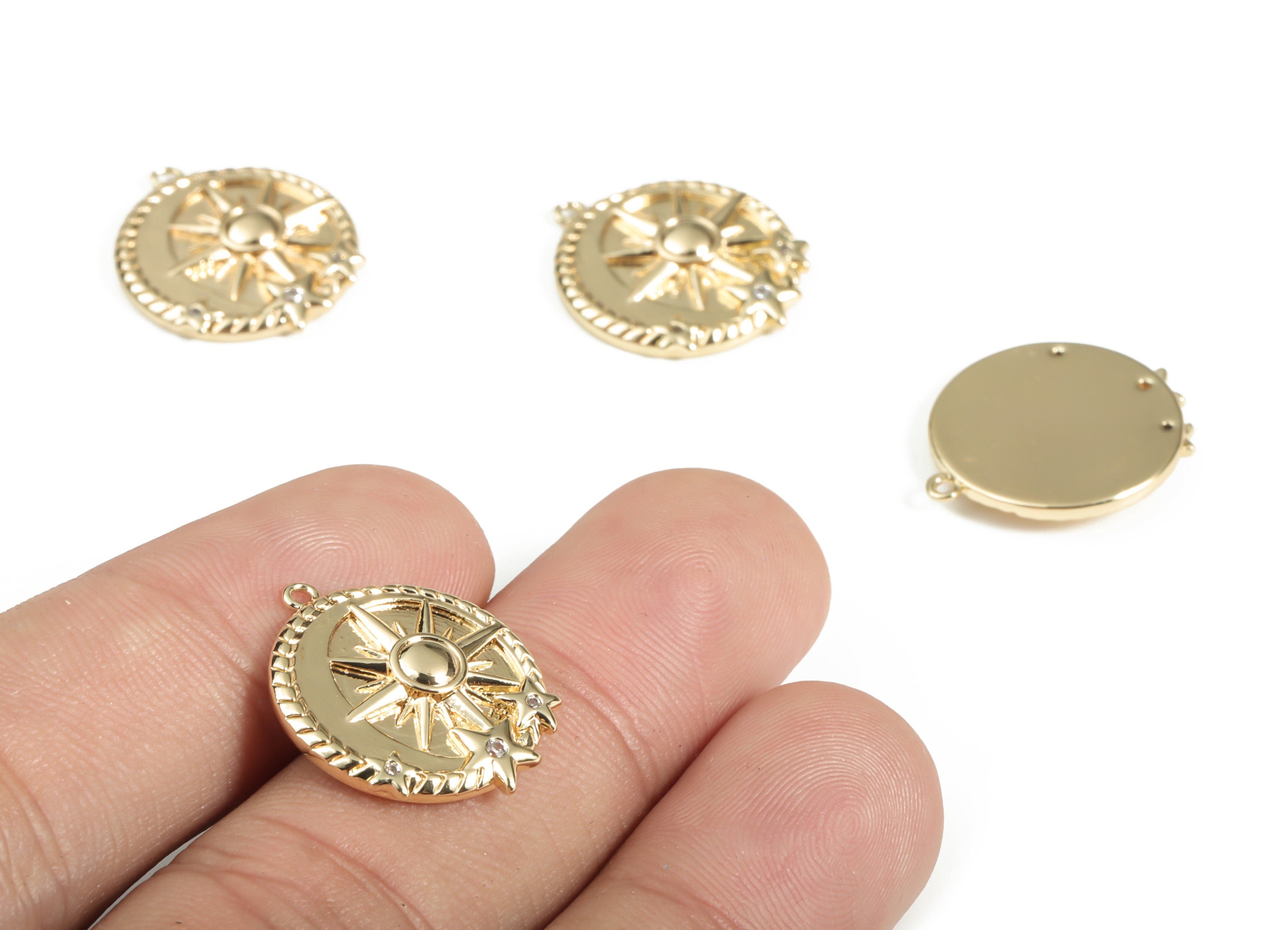 Brass Round Sun Earring Charms With Zircon - Gold Circle Sun Pendant - 18K Real Gold Plated Brass - Jewelry Supplies - 20x17x3mm - RGP3112 - DOMEDBAZAAR