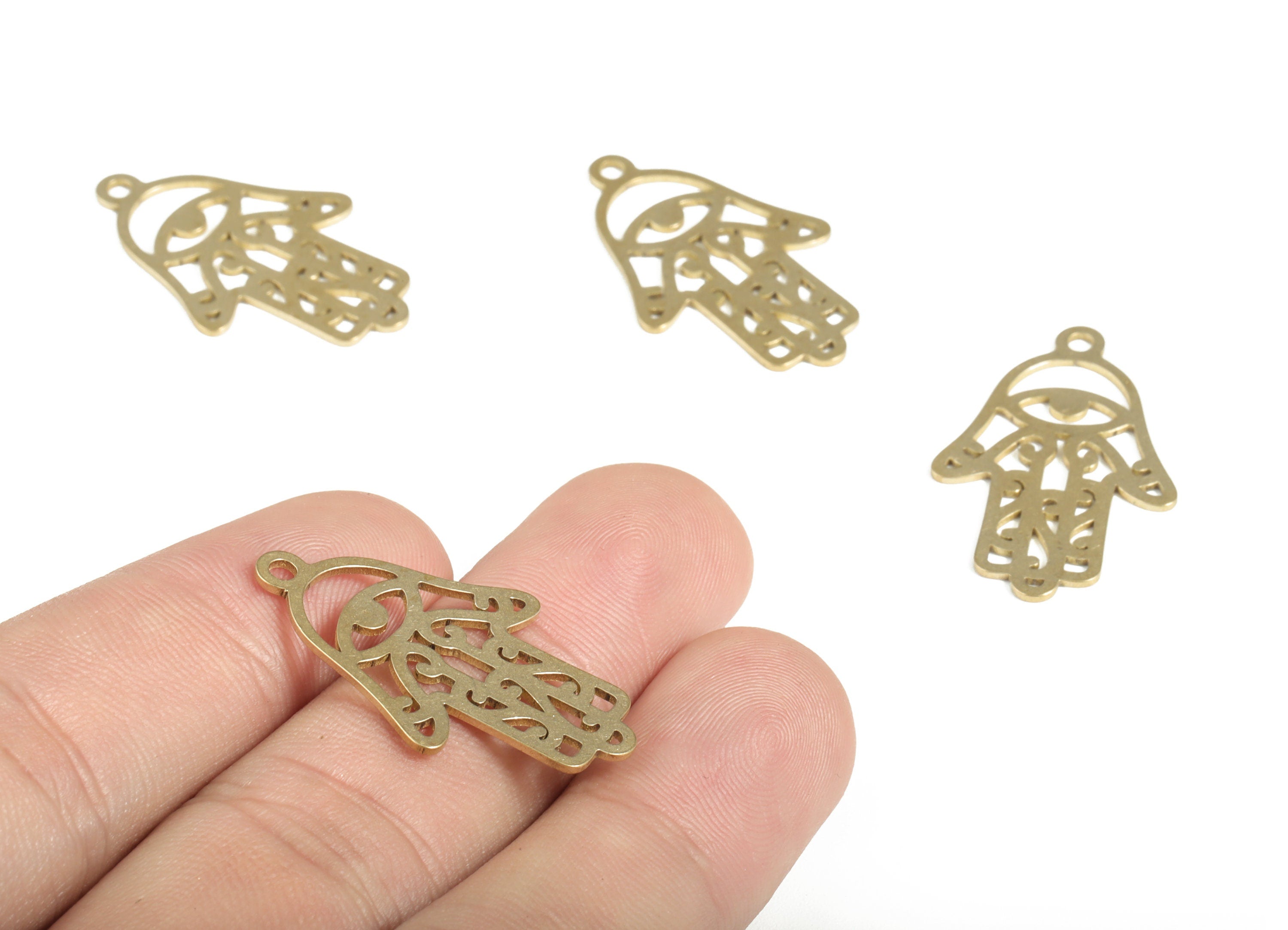 Brass Hand Eye Earring Charms - Raw Brass Hand Heart Pendant - Earring Findings - Jewelry Making Supplies - 30.44x19.3x0.79mm - PP4011 - DOMEDBAZAAR