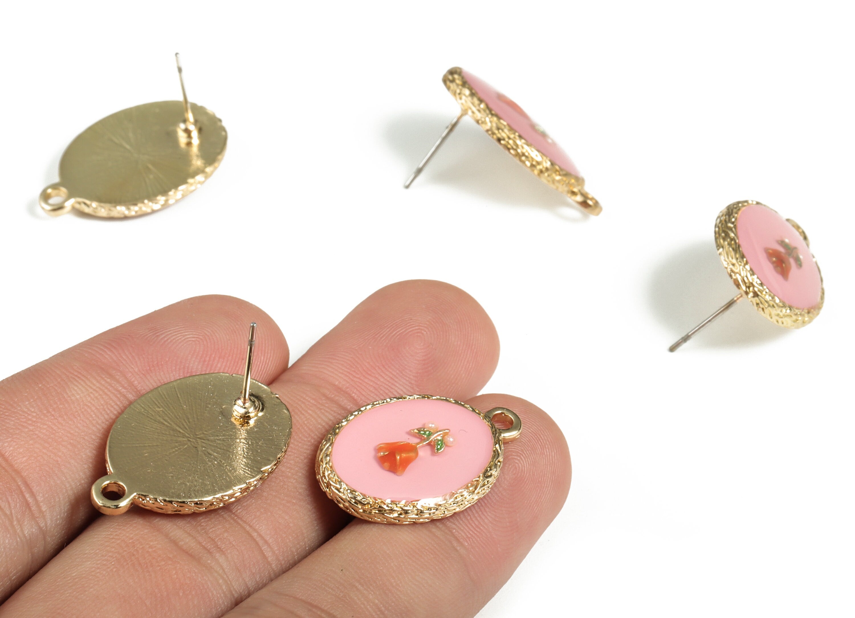 Zinc Alloy AB Glue Resin Stainless Steel Earring - Oval Flower Earring Stud - Earring Post - Gold Tone Plated Zircon - 25x16x3mm - ZZ1803 - DOMEDBAZAAR