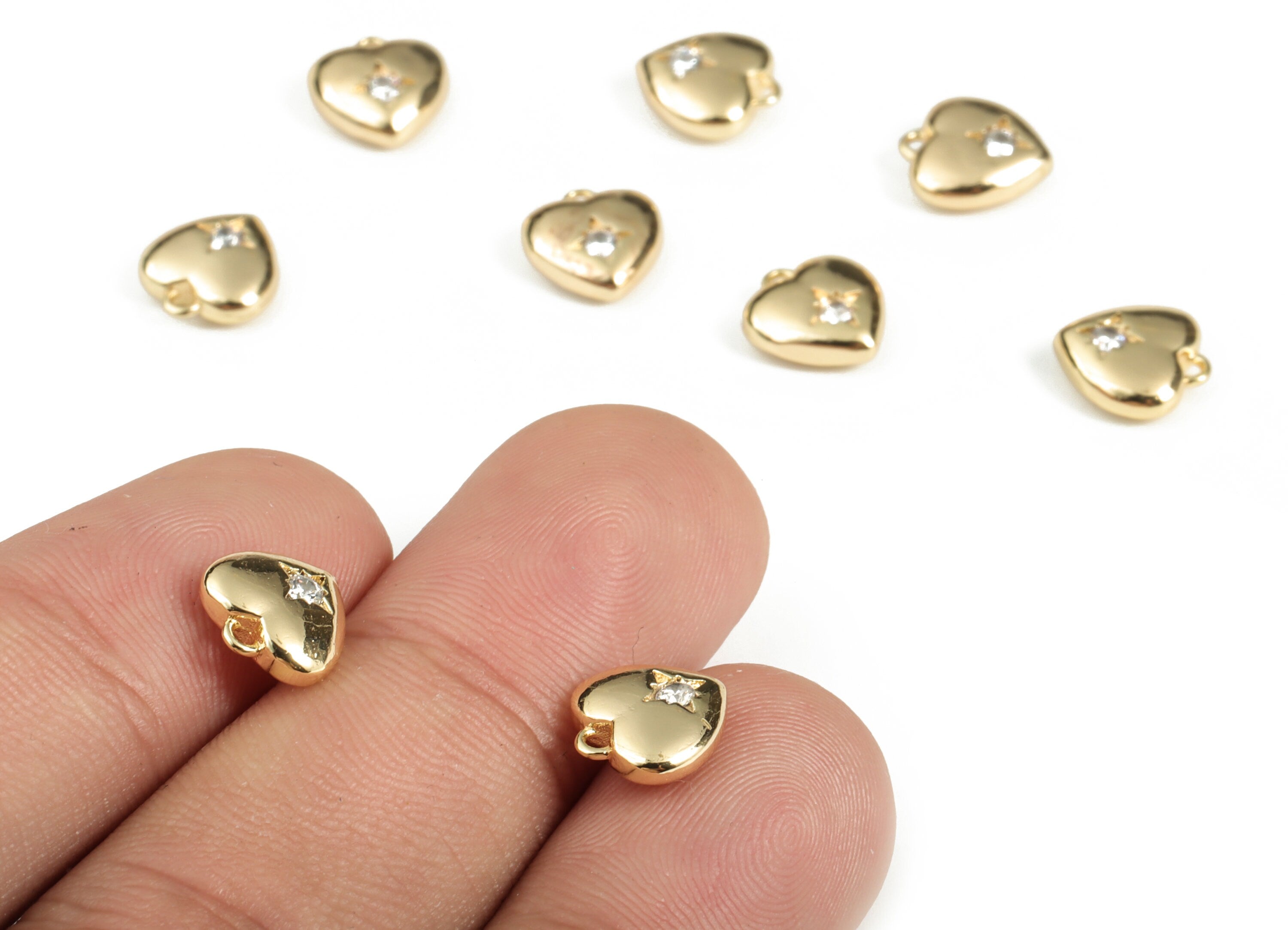 Gold Heart Charm - Brass Heart Star Earring Charms With Zircons - Heart Star Pendant - 18K Real Gold Plated Brass - 9.32x8.6x3.2mm - RGP3172 - DOMEDBAZAAR