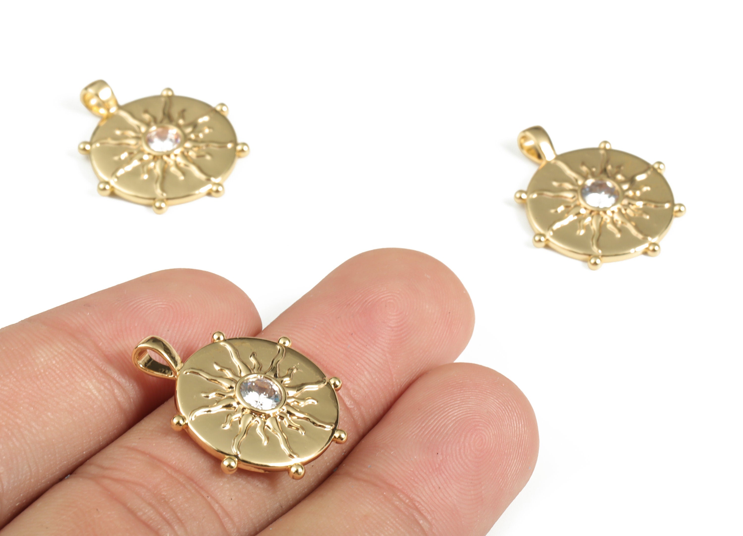 Brass Round Sun Earring Charms With Zircons - Gold Circle Sun Pendant - 18K Real Gold Plated Brass - 23.65x19.97x2.78mm - RGP3113 - DOMEDBAZAAR