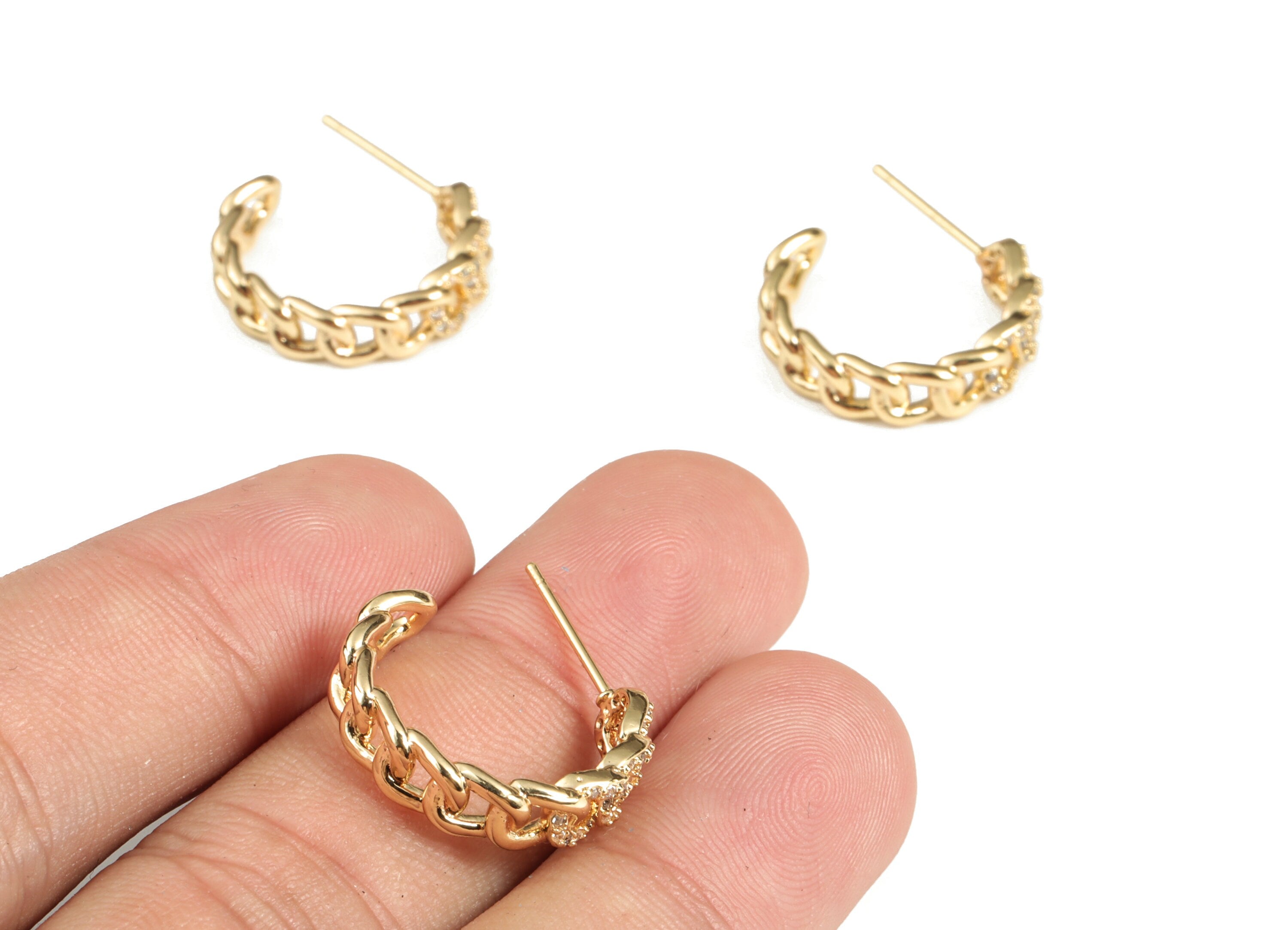 Brass C Wave Earring Post With Zircon - Gold C Wave Earring Stud - 18K Real Gold Plated Brass - 925 Silver Stud - 18.76x15.8x2.3mm - RGP3182 - DOMEDBAZAAR