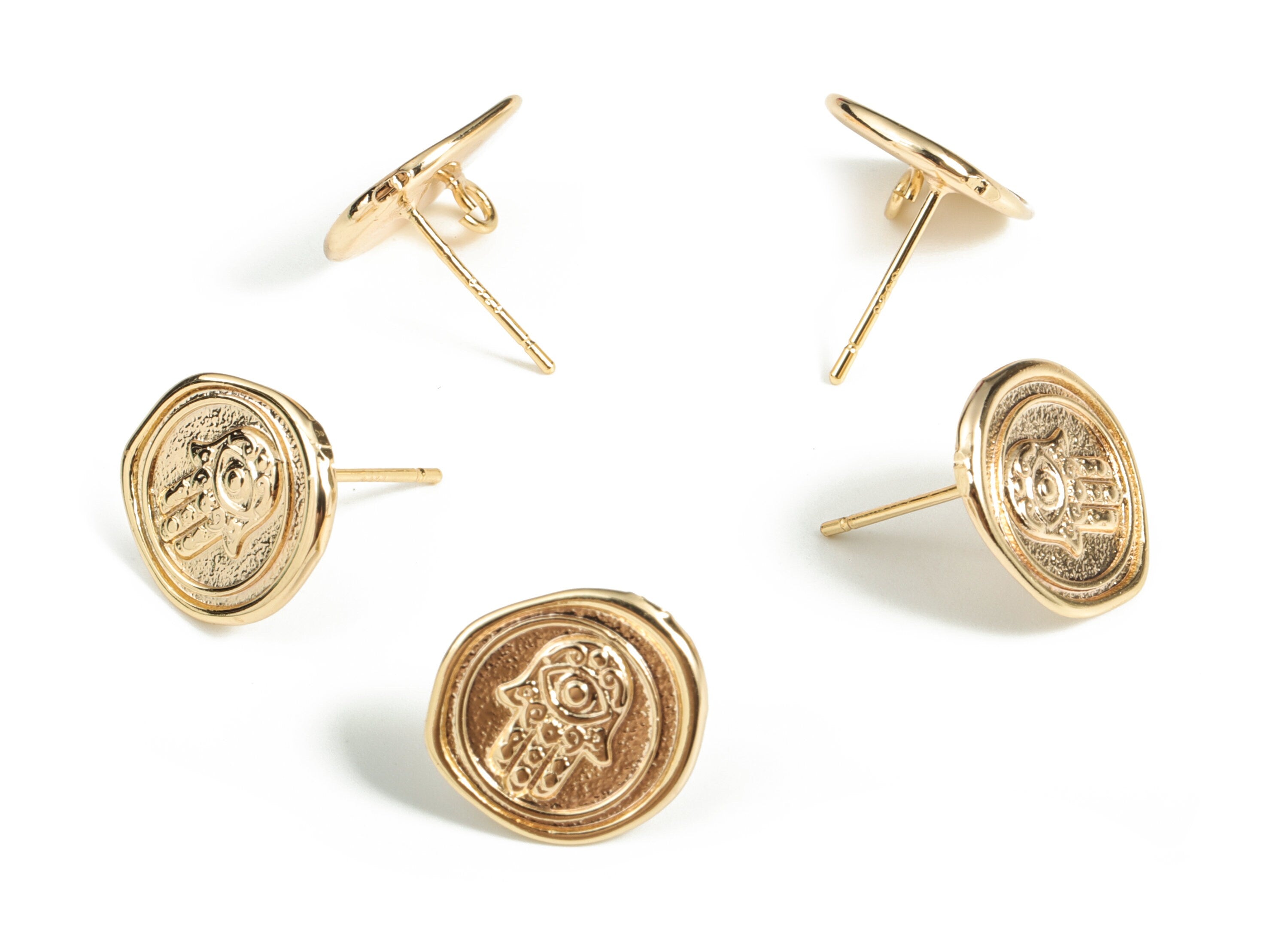 Brass Round Hand Earring Post - Gold Circle Hand Earring Stud - 18K Real Gold Plated Brass - 925 Silver Stud - 13.72x13.51x1.19mm - RGP3127 - DOMEDBAZAAR