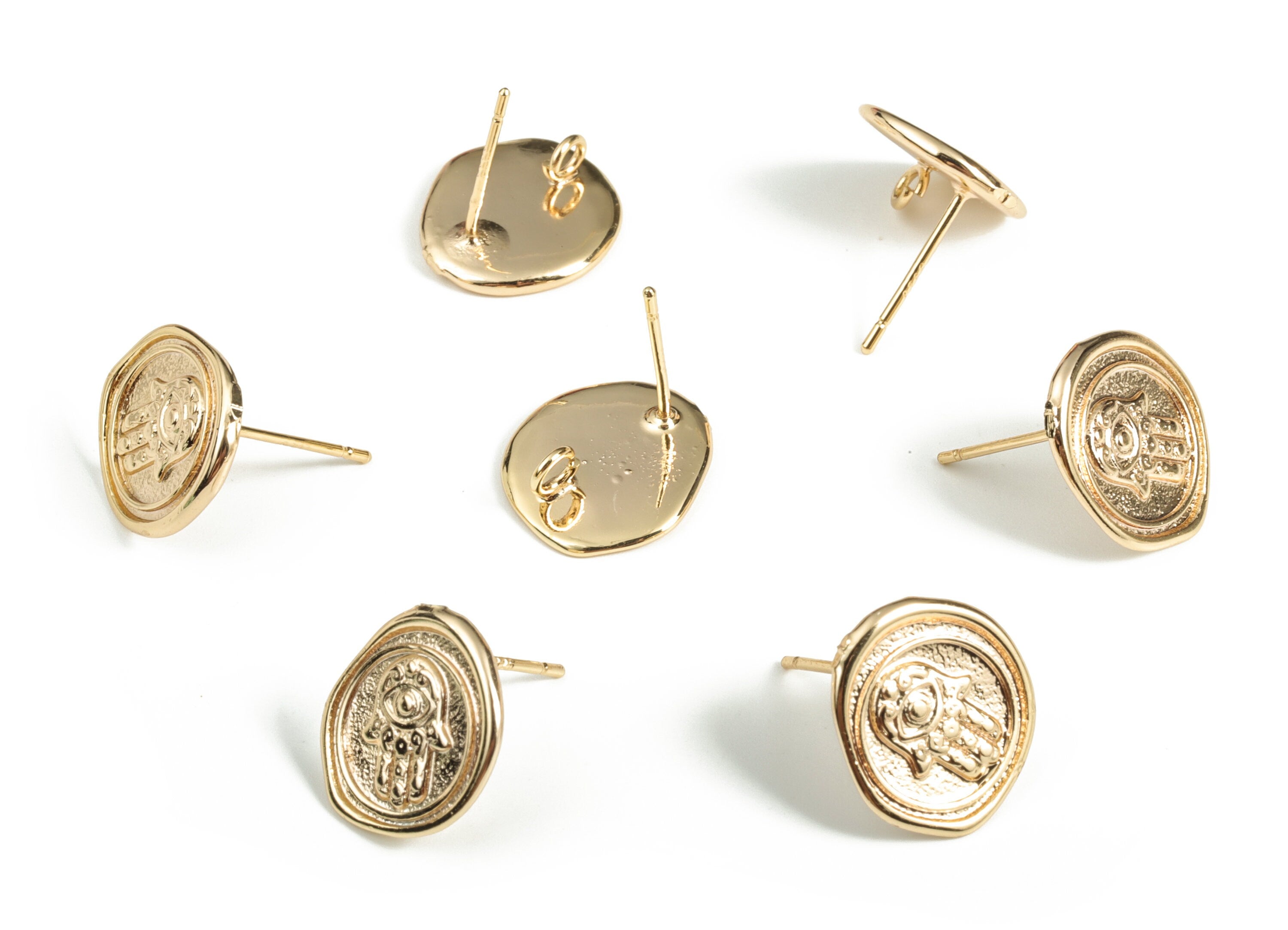 Brass Round Hand Earring Post - Gold Circle Hand Earring Stud - 18K Real Gold Plated Brass - 925 Silver Stud - 13.72x13.51x1.19mm - RGP3127 - DOMEDBAZAAR