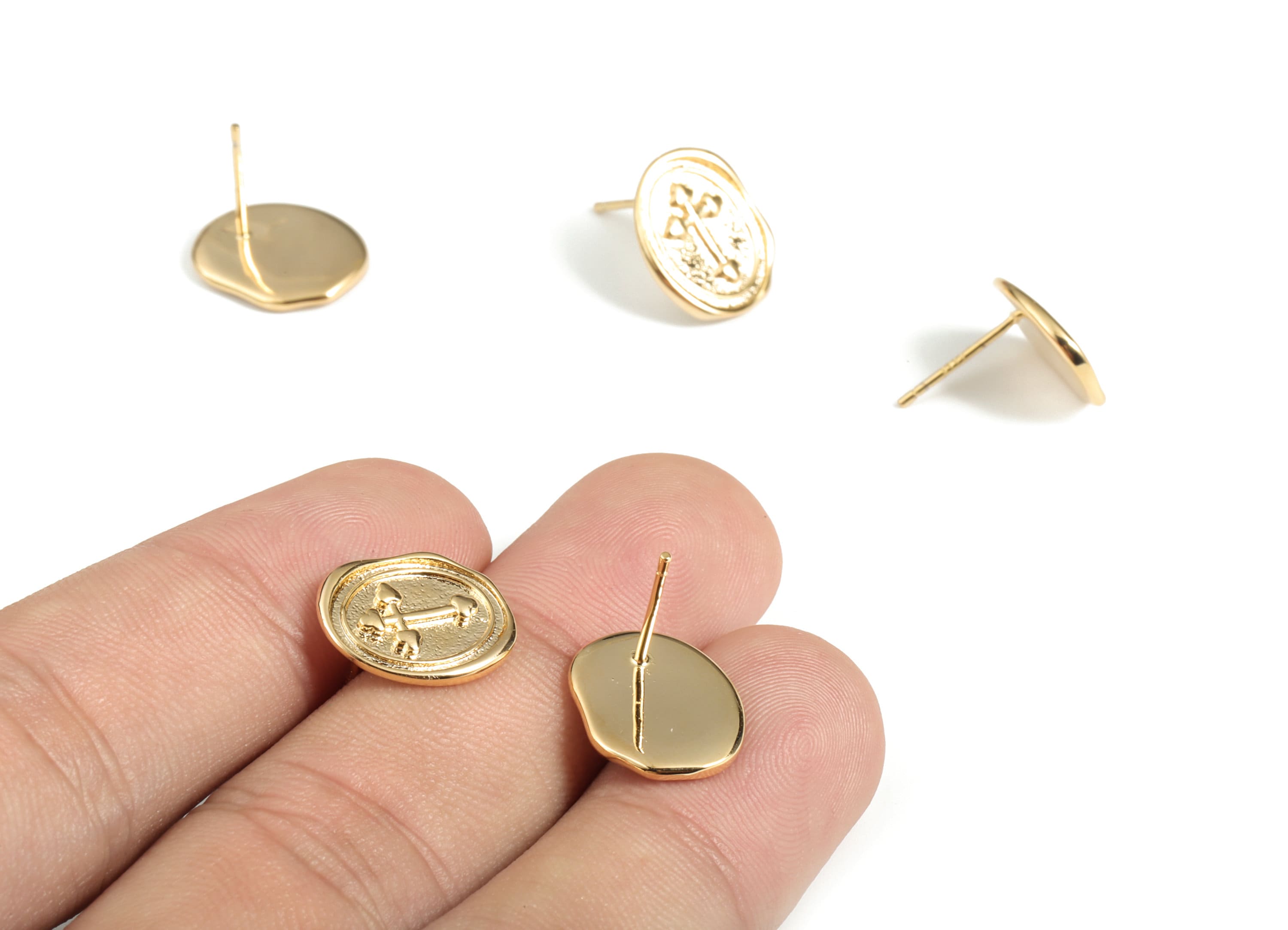 Brass Oval Symbol Earring Post - Gold Oval Symbol Earring Stud - 18K Real Gold Plated Brass - 925 Silver Stud - 14.09x11.4x1.59mm - RGP3130 - DOMEDBAZAAR