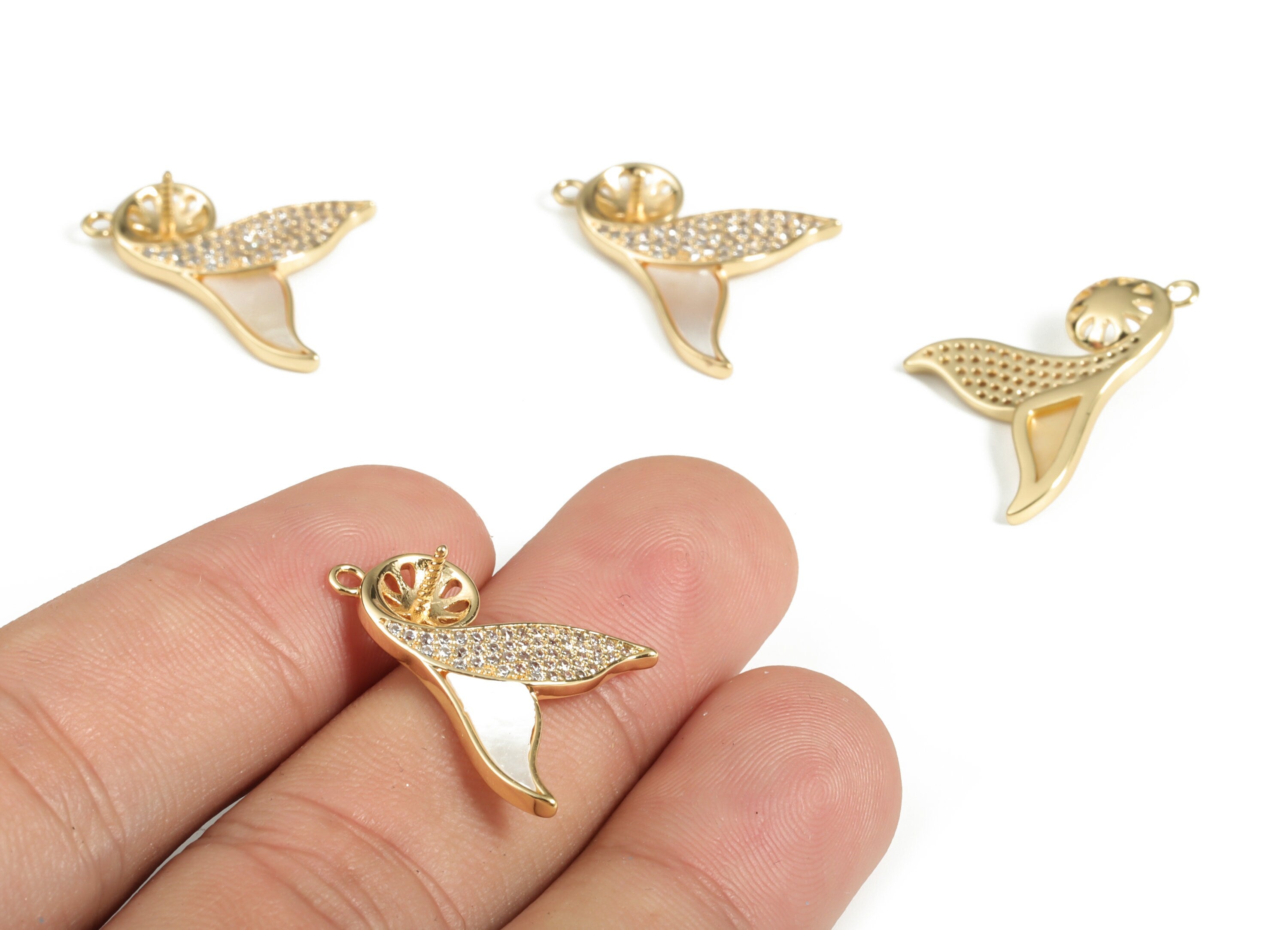 Brass Zircon Fish Tail Charm – Brass Fish Tail Pendant - 18K Real Gold Plated Brass – Jewelry Making Supplies - 21.71×18.43×2.37mm - RGP3039 - DOMEDBAZAAR