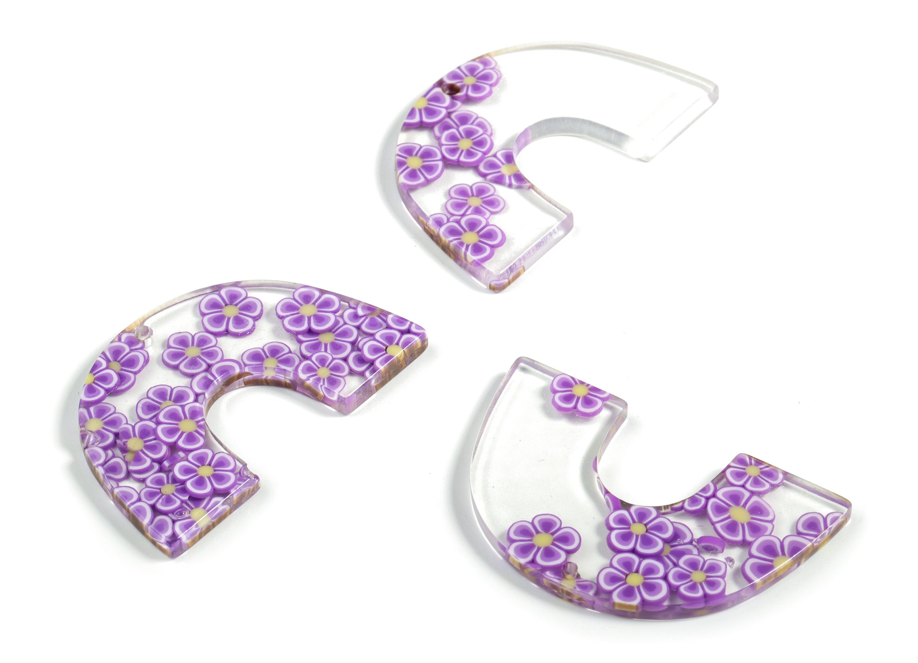 Acrylic Semicircle Earring Charms - Acrylic Purple Flower U Pendant - Jewelry Supplies - Color Code: A593 – 40.07x25.77x2.72mm - AC2018-A593 - DOMEDBAZAAR