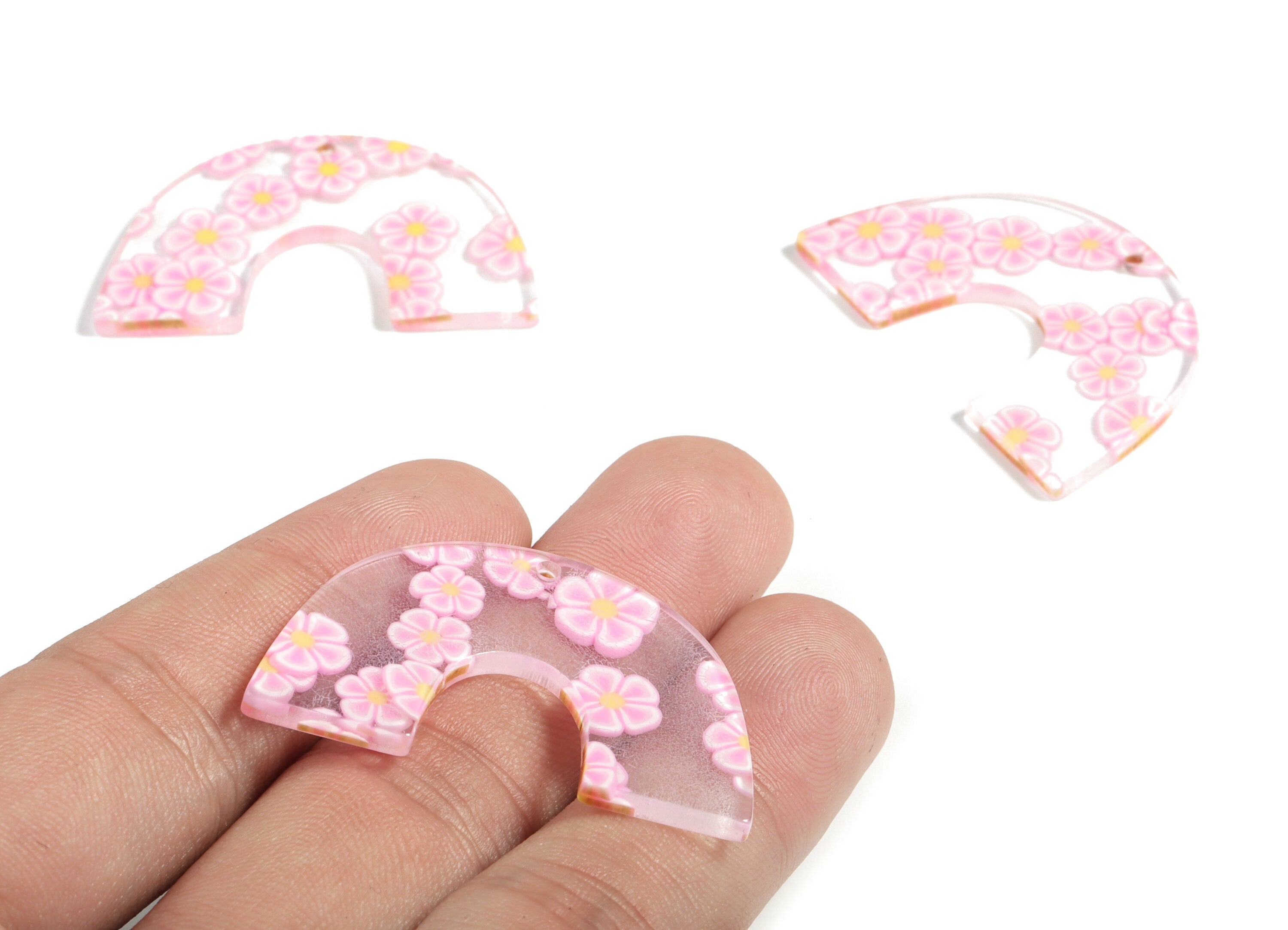 Acrylic Semicircle Earring Charms – Acrylic Pink Flower U Pendant - Jewelry Supplies - Color Code:A589 – 40.14x25.65x2.47mm - AC2018-A589 - DOMEDBAZAAR